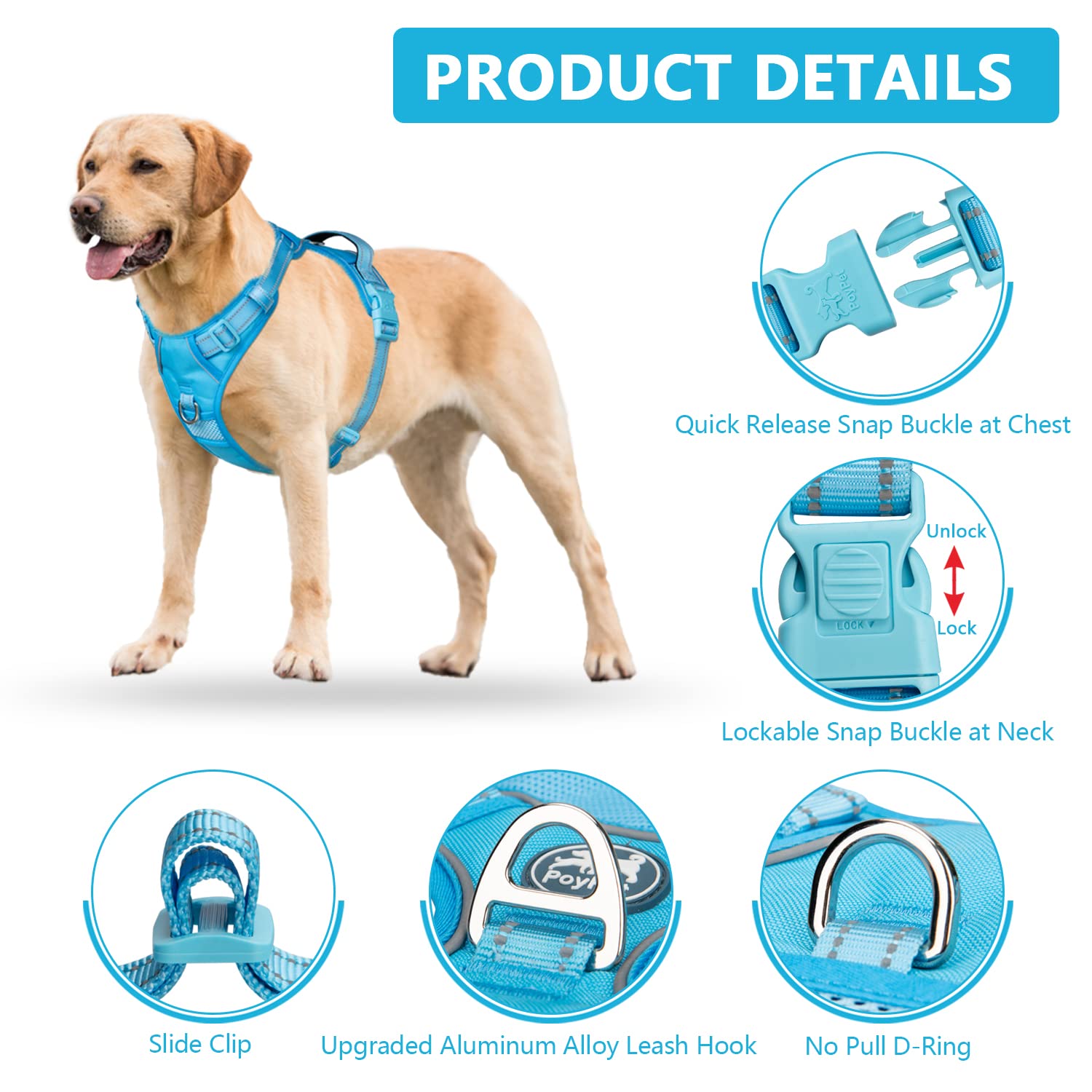 Poypet No Pull Dog Harness, No Choke Reflective Dog Vest, Adjustable Pet Harnesses With Easy Control Padded Handle For Small Medium Large Dogs(Blue,Xl)