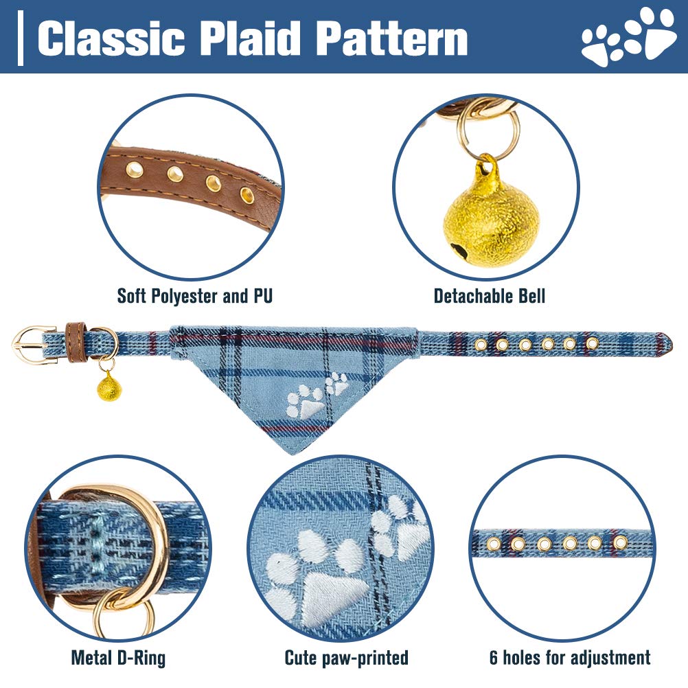 Expawlorer Dog Leash Collar Set - 3 Pack Embroidery Pawprints Plaid Adjustable Dog Collars And Leash Tangle Free, Bow Tie And Bandana Collar With Bell For Cats Outdoor Walking
