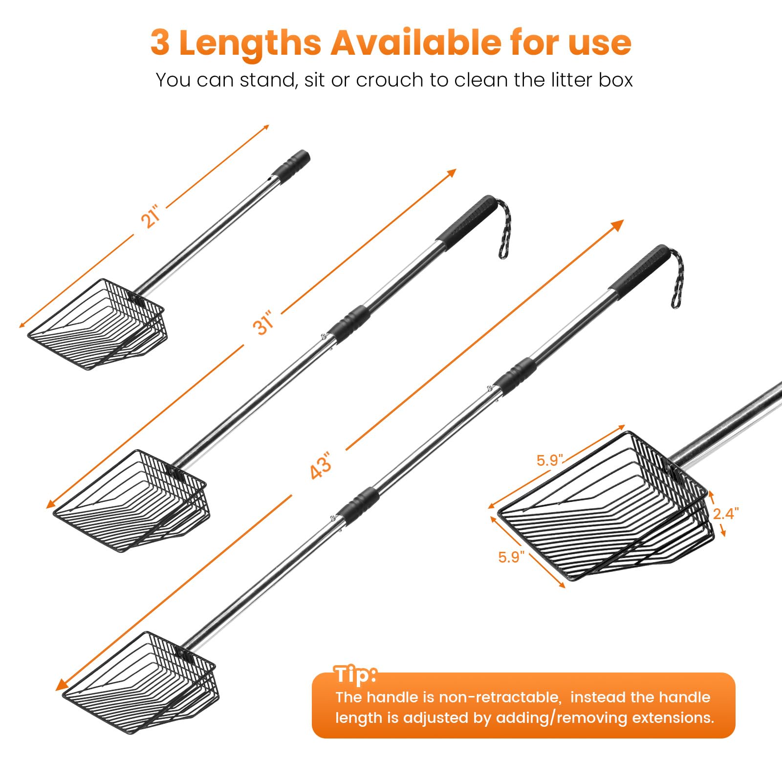 PETOCAT Cat Litter Scoop with Holder 43 Metal Litter Scooper with Stainless Steel Long Handle, Large Kitty Box Scooper Heavy Dut