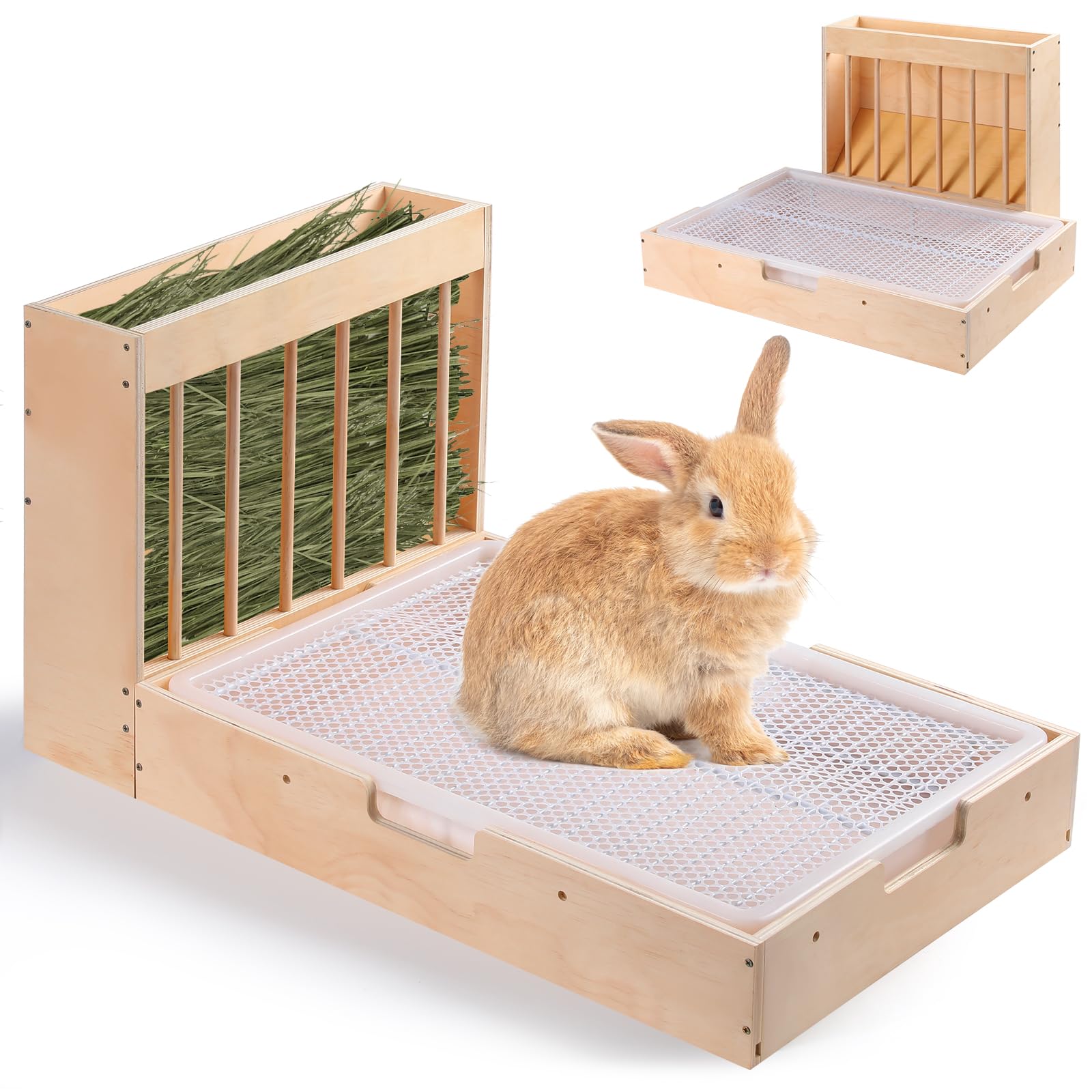 Essenhome Extra-Large 2-In-1 Rabbit Hay Feeder & Litter Box Set, Wood, Mess Proof, For Guinea Pigs, Chinchillas, Hamsters, And R