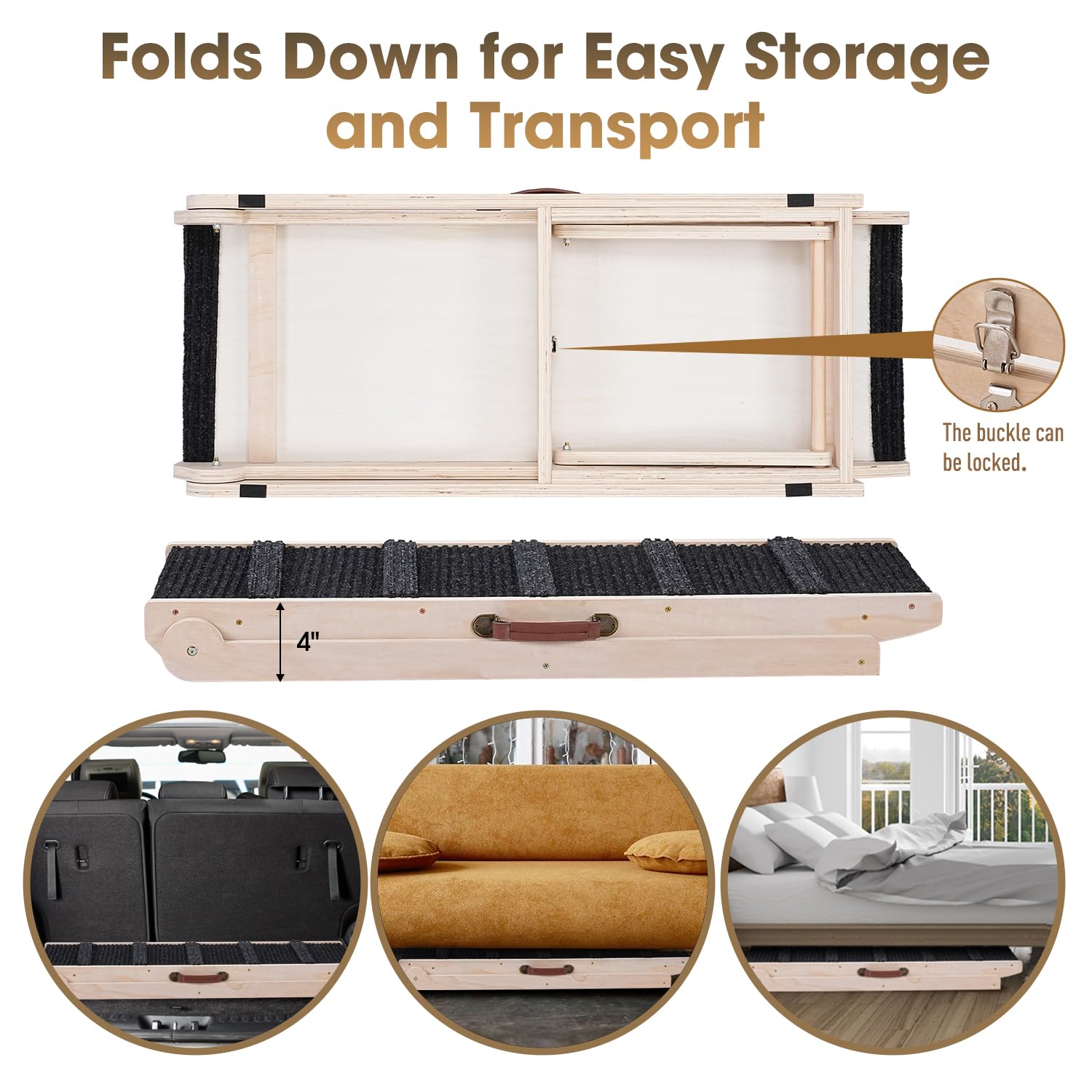 Sweetbin Wooden Adjustable Pet Ramp For All Dogs And Cats - Non Slip Carpet Surface And Foot Pads - 40' Long And Adjustable From 12” To 26” - Up To 200Lbs - Folding Dog Car Ramps For Suv, Bed, Couch