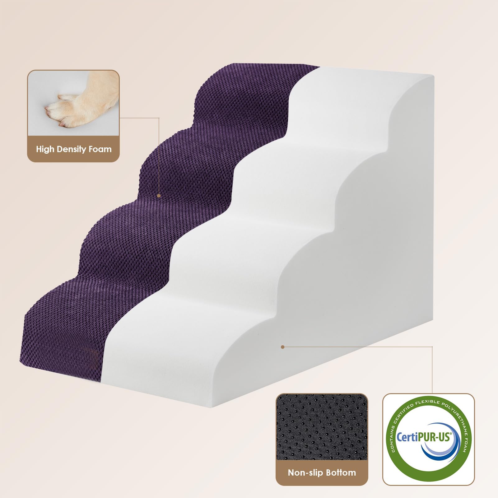 EHEYCIGA Curved Dog Stairs Ramp - 4-Step Pet Steps for High Beds, Non-Slip, Purple, 19.7" H, Model ECUS24PPT10FB
