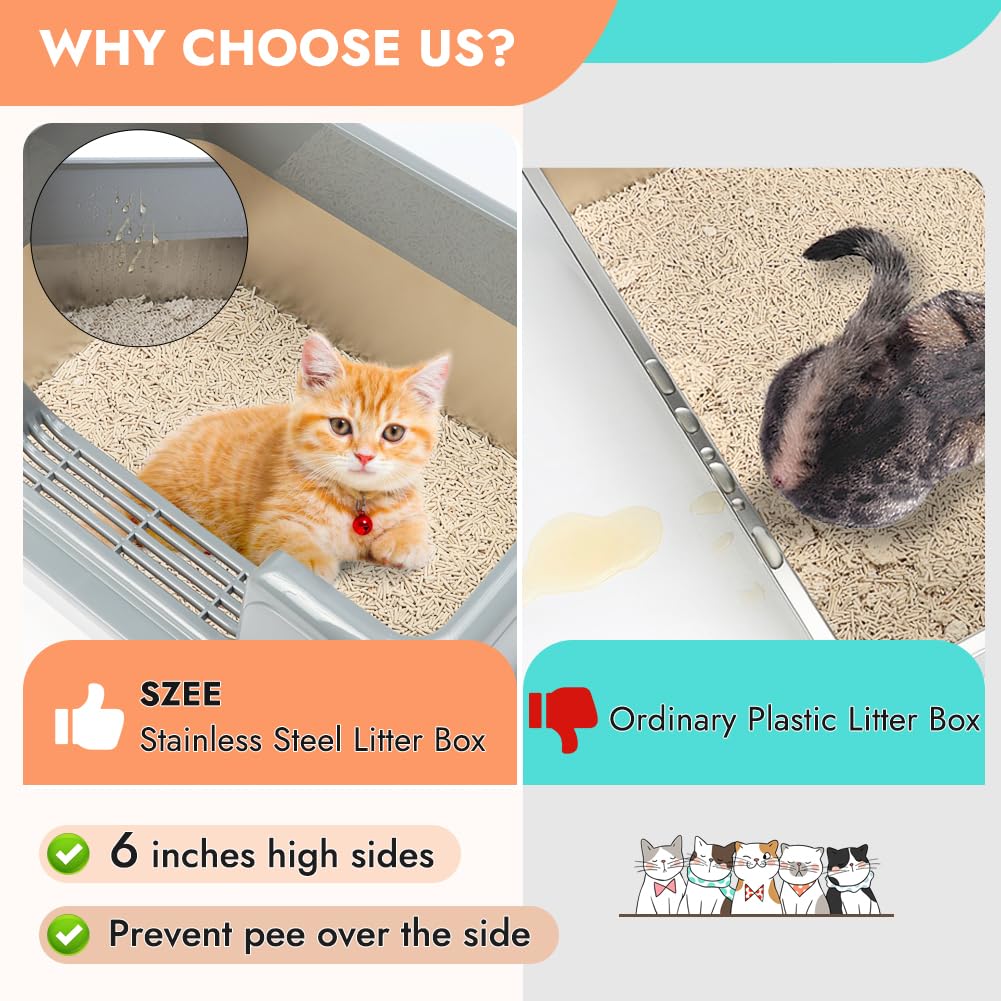Szee Stainless Steel Litter Box, No Scratches, Easy To Clean And No Absorb Odor, Cat Litter Box With High Sides, Prevent Pee Fro