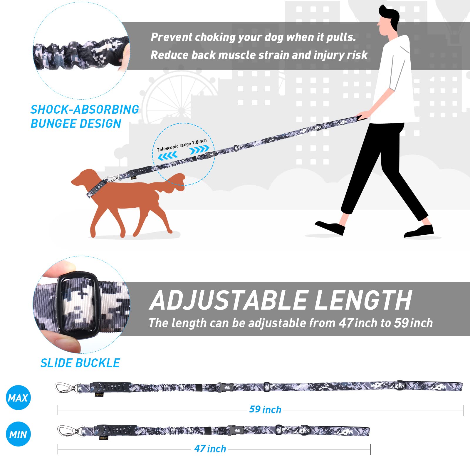 Hotsky Dog Leash, 4Ft 6Ft Adjustable Heavy Duty Dog Leash With Car Seat Belt And Double Handle For Medium Large Dogs, 4-In-1 Multifunctional Shock Absorbing Strong Dog Lead For Dogs Training, Walking