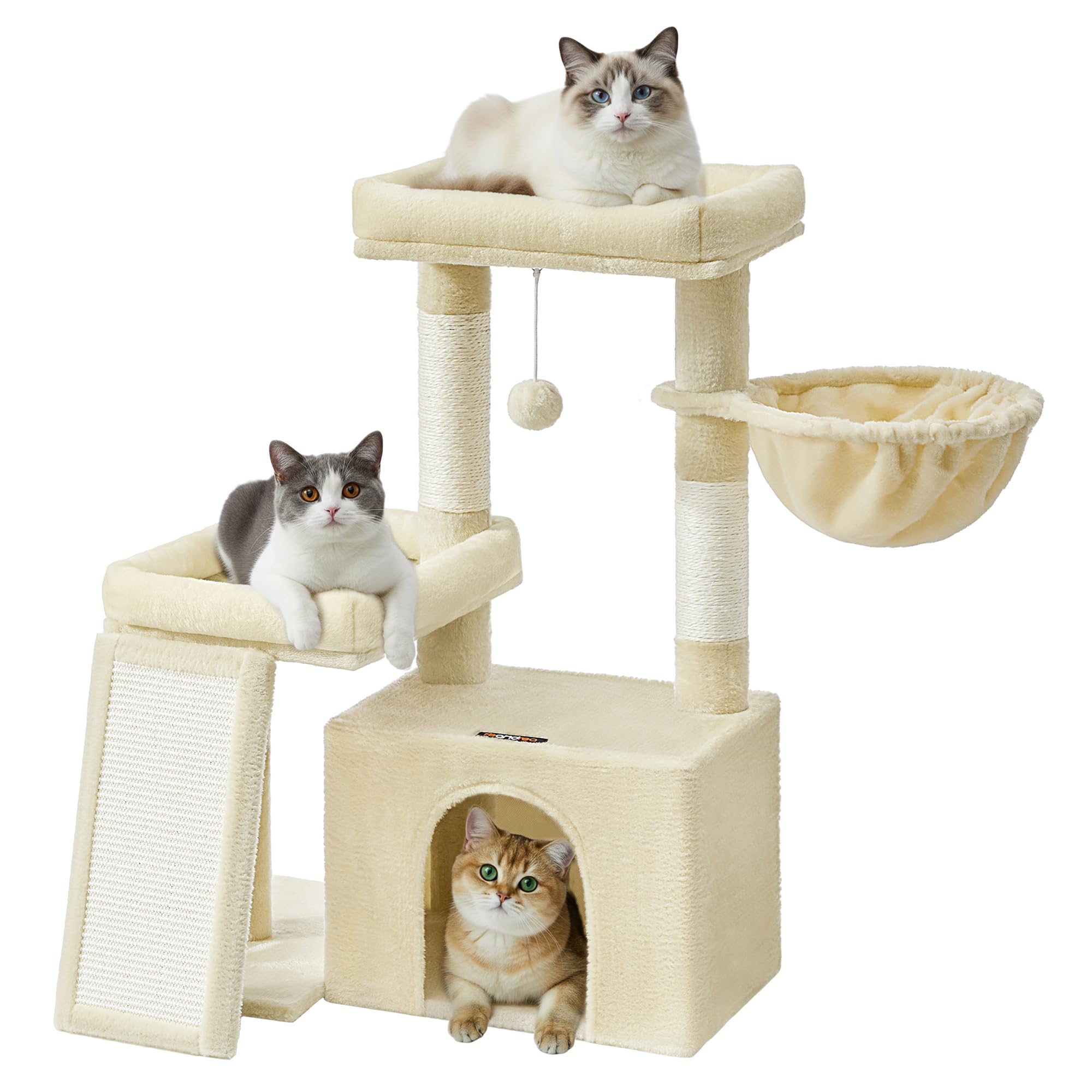 Feandrea Cat Tree, Cat Tower Condo with Scratching Posts and Ramp, 2 Large Perches, Cave, Basket, 33.8 Inches Tall, Summer Sand 
