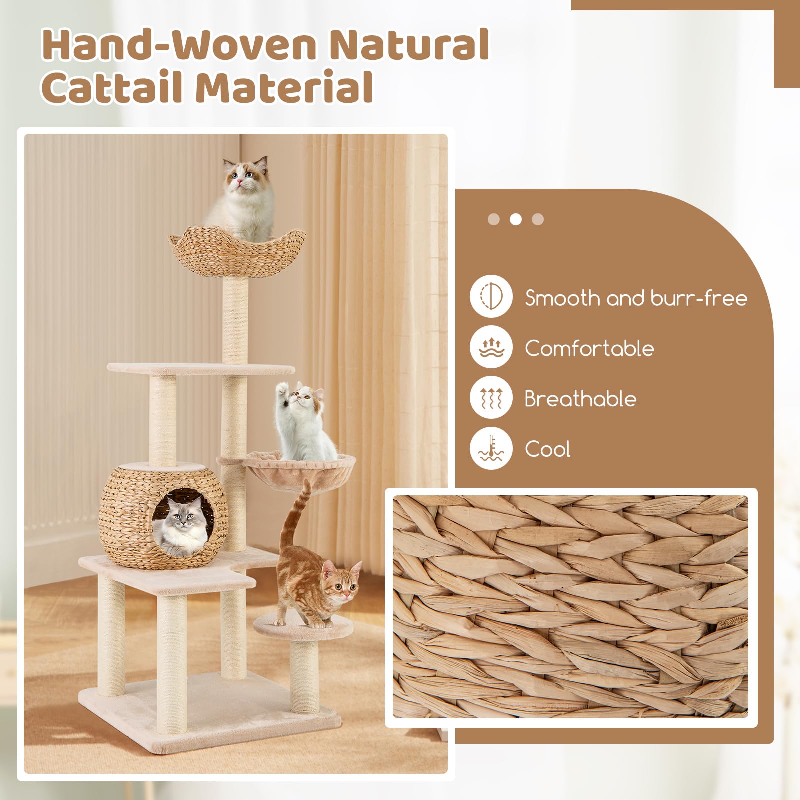 Tangkula Modern Cat Tree, 65 Inch Tall Cat Tower With Jute Scratching Posts, Dangling Balls, Cattail Basket Bed & Top Perch, Rem