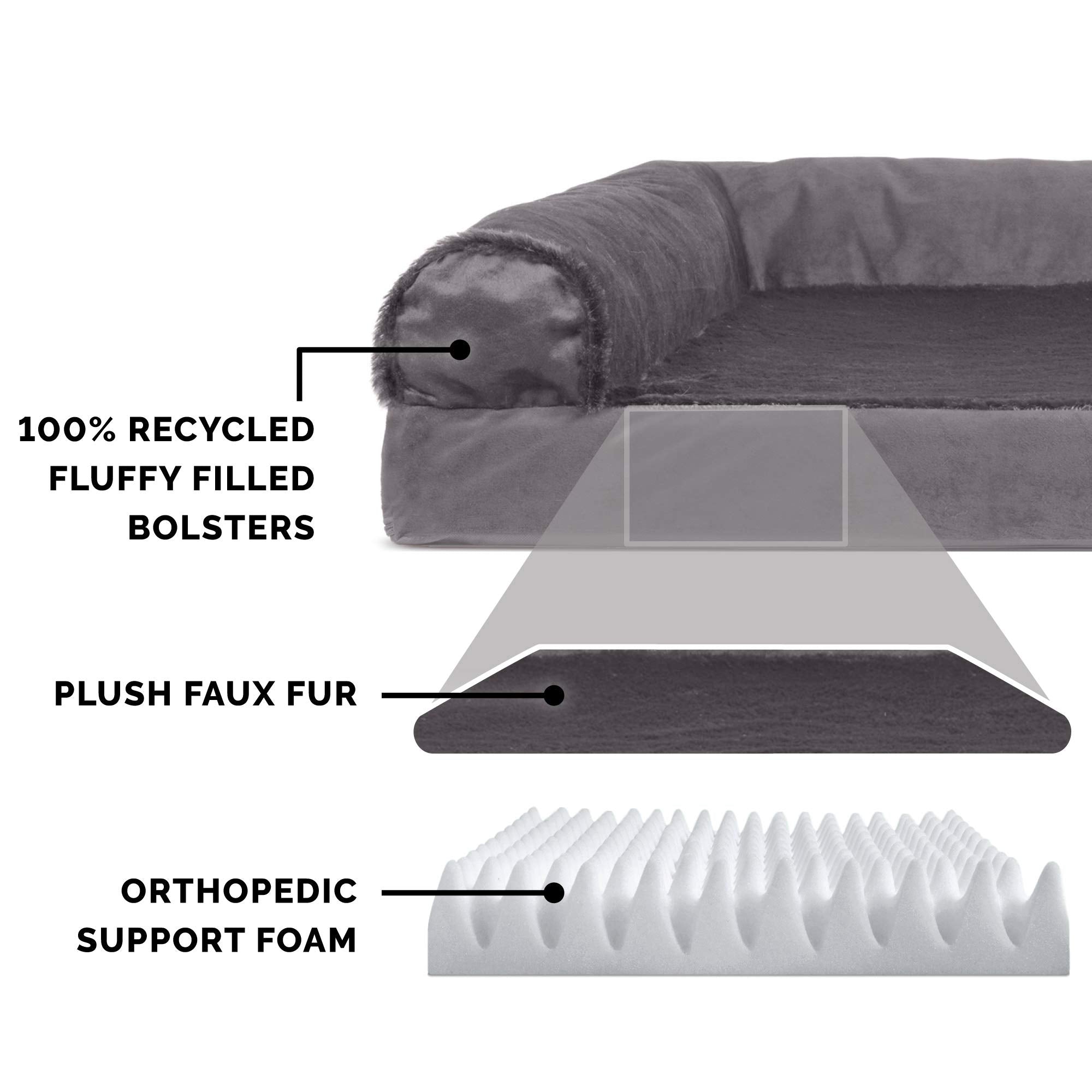 Furhaven Orthopedic Dog Bed For Large Dogs W/ Removable Bolsters & Washable Cover, For Dogs Up To 95 Lbs - Plush & Velvet L Shaped Chaise - Platinum Gray, Jumbo/Xl