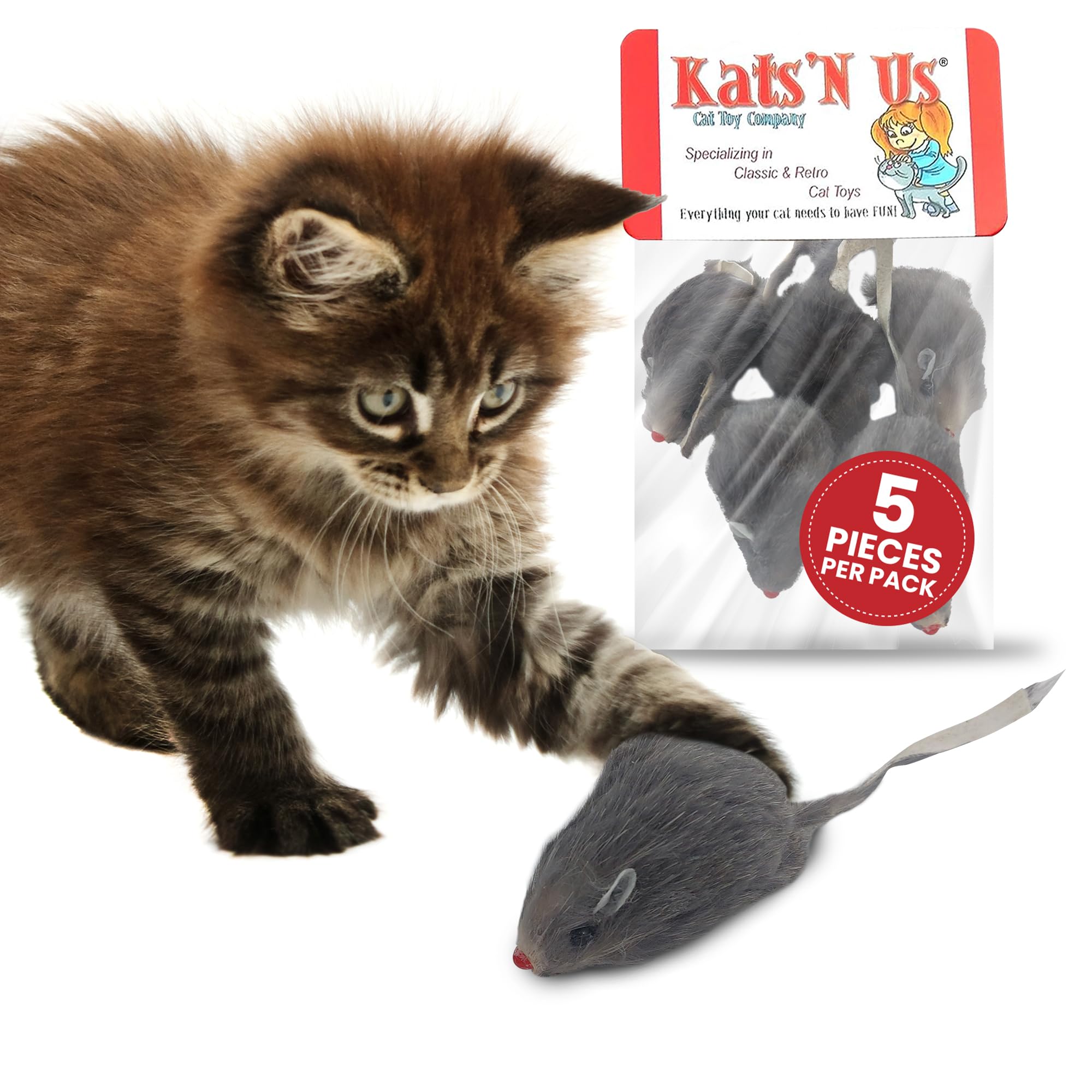 Kats'N Us Rabbit Fur Mouse Cat Toy Pack - Interactive Fun With 5 Gray Mice - Indoor Cats' Delight - Furry Play Combo - Cat Toy Mix! - 5 Pack No Rattle