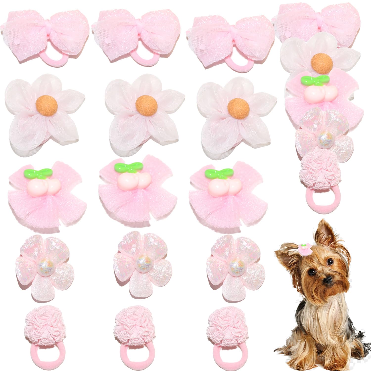 Zaabaazina 20Pcs Dog Hair Bows, Cute Puppy Hair Bows Flowers Bowknot Hairball Cherry Mix Styles, Pet Grooming Rubber Bands, Dogs