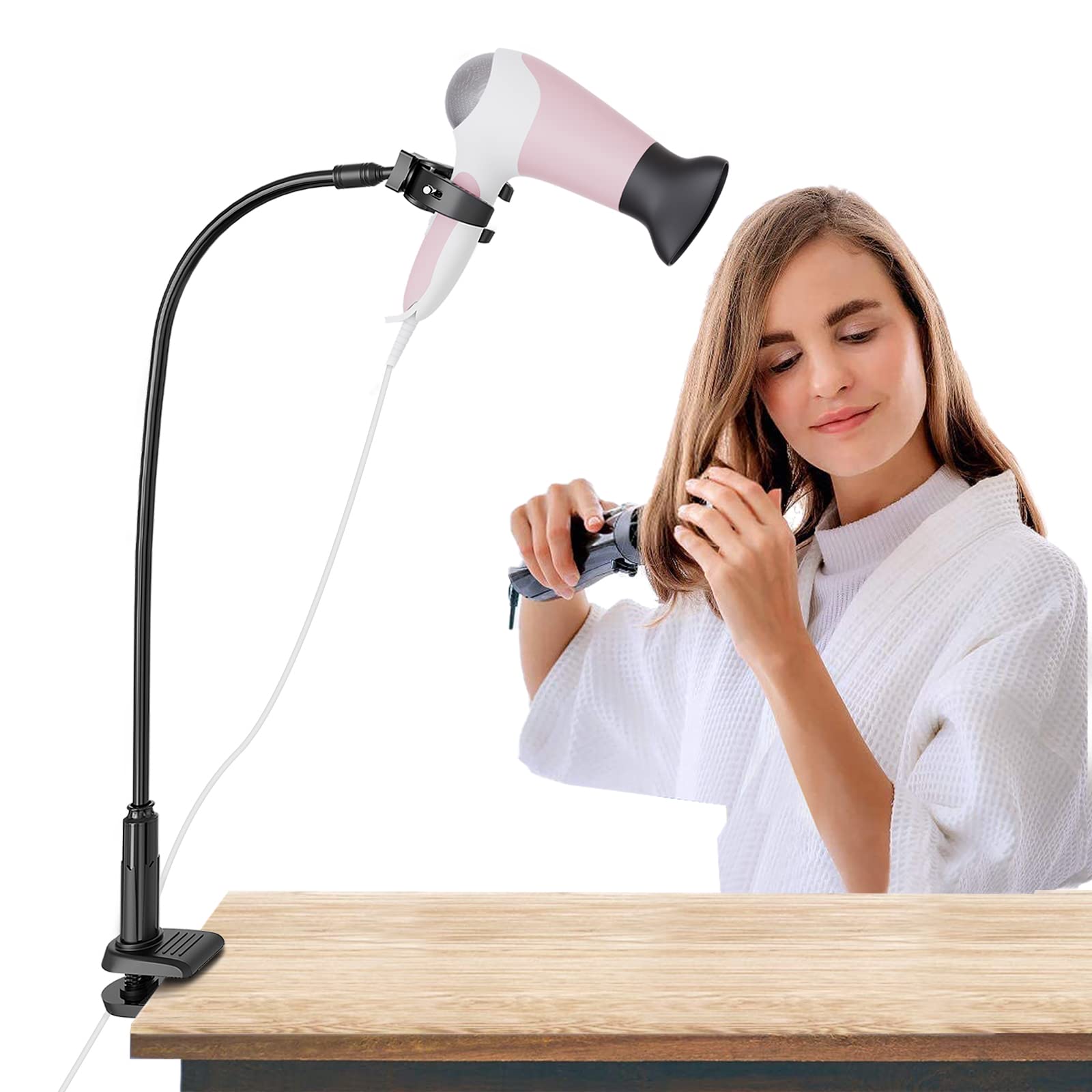 Linkidea Hair Dryer Stand, 360 Degree Rotating Blow Dryer Holder Hands-Free, Gooseneck Bracket With Clamp Mount For Dog Cat Grooming Home Salon