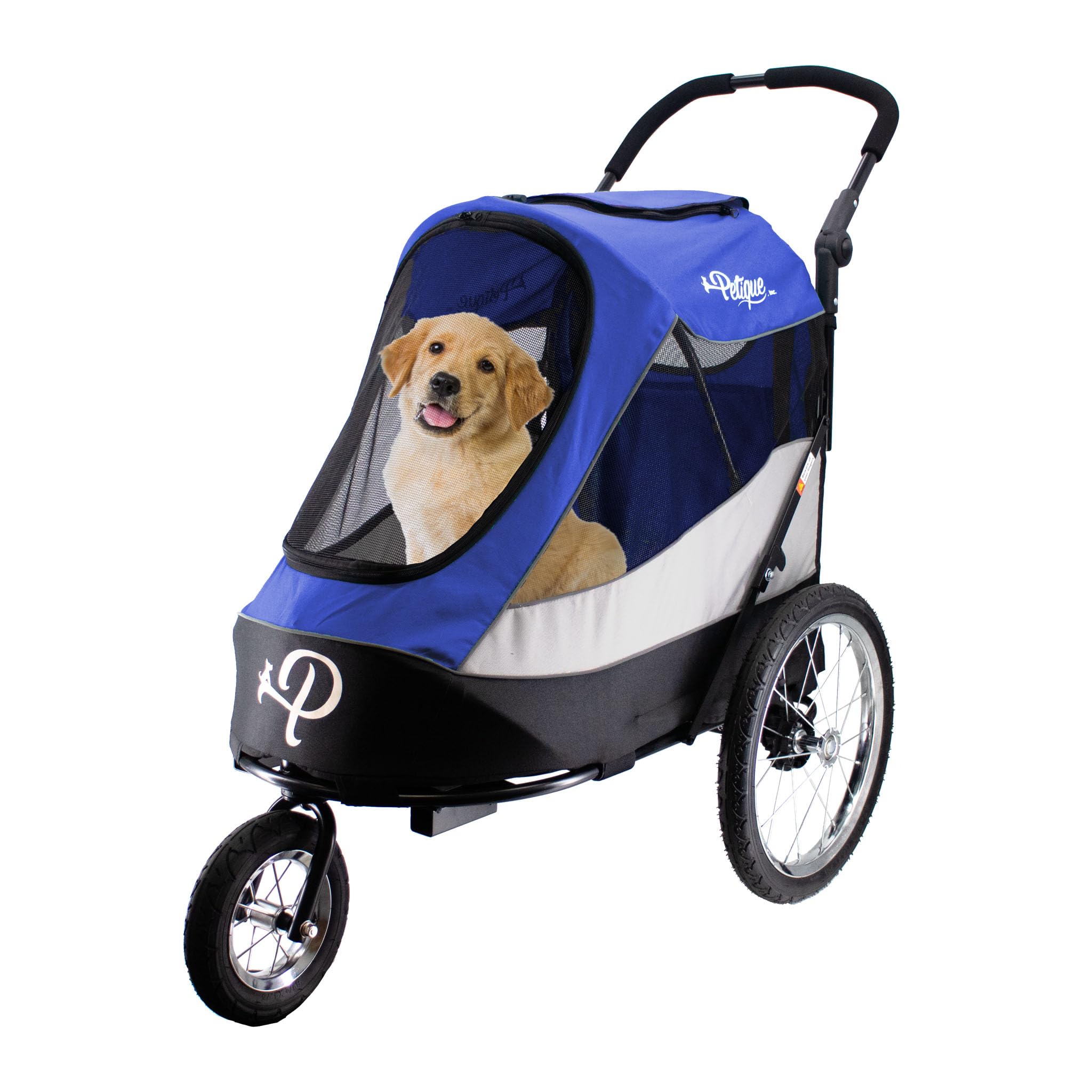 Petique Trailblazer Pet Jogger/Stroller, Bike Trailer, Shock Absorbing Bike Wheels, Large Entry Way, Peek-a-Boo Window, Small/Medium/Large Dogs, Cats and Pets, Supports up to 77LBS - Atlas (Blue) -Like New