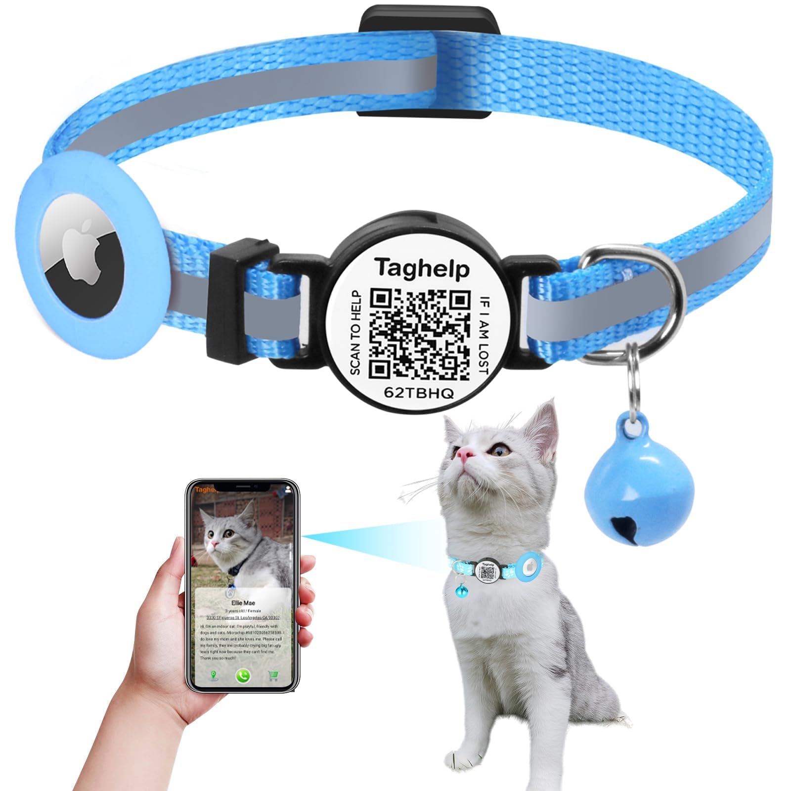 Reflective Airtag Cat Collar, Integrated Cat Collar With Air Tag Holder And Bell, Breakaway With Qr Code Name Tag,Safety Elastic