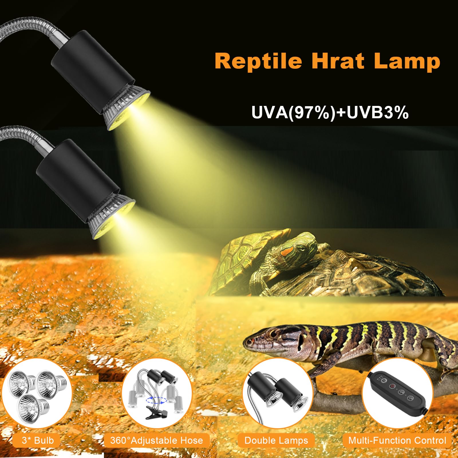 Zjnbmtfy Reptile Heat Lamp,Double-Head Heating Lamp For Reptiles, Uva/B Turtle Lamp With Clamp, Separate Control, Turtle Light,B