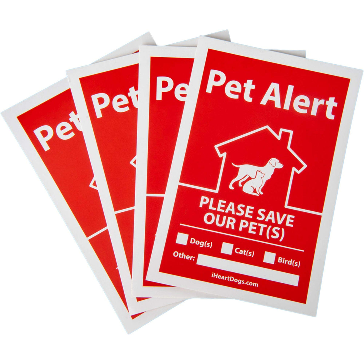 Iheartdogs Pet Alert Stickers 4-Pack - Uv Fade Resistant - Pets Inside Fire Rescue Stickers - Save Our Pets Finder Window Stickers