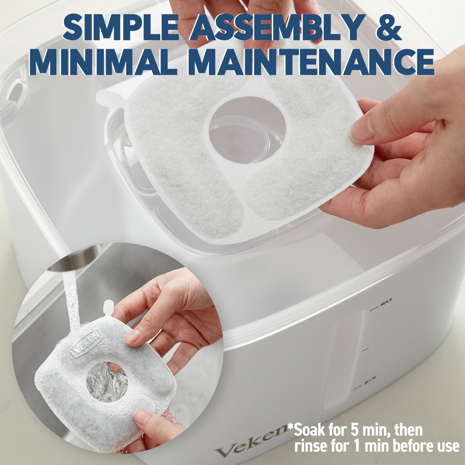 Veken Cat Water Fountain Filters - 4 Pack Replacement Filters & Sponges for 50oz, 84oz, 95oz Automatic Pet Fountain - 5-Stage Filtration, White/Black