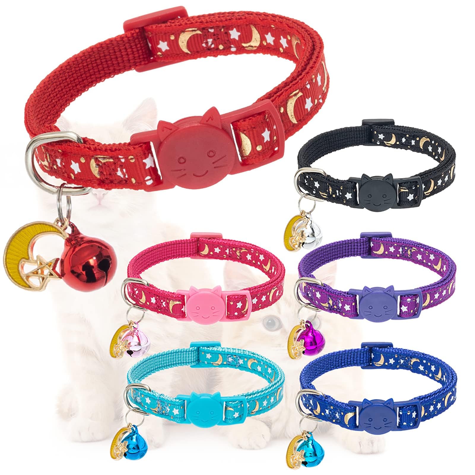 Kooltail Cat Collar Breakaway With Bells - 6 Pack Glow In The Dark - Stars & Moon Charm Pendent Pet Reflective Collars Ideal For Kitten Cats Puppy