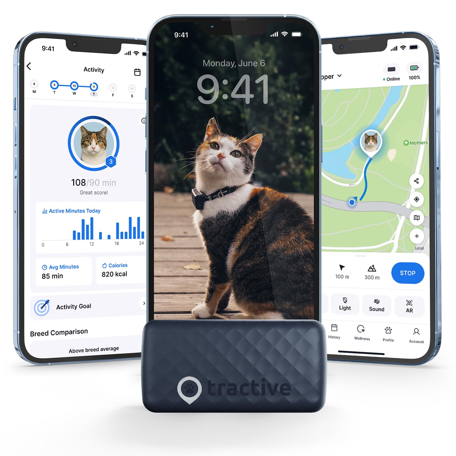 Tractive GPS Cat Tracker (6.5 lbs+), Real-time Pet Location Tracker, Health & Wellness Alerts, Battery Life Up to 7 Days, Breaka