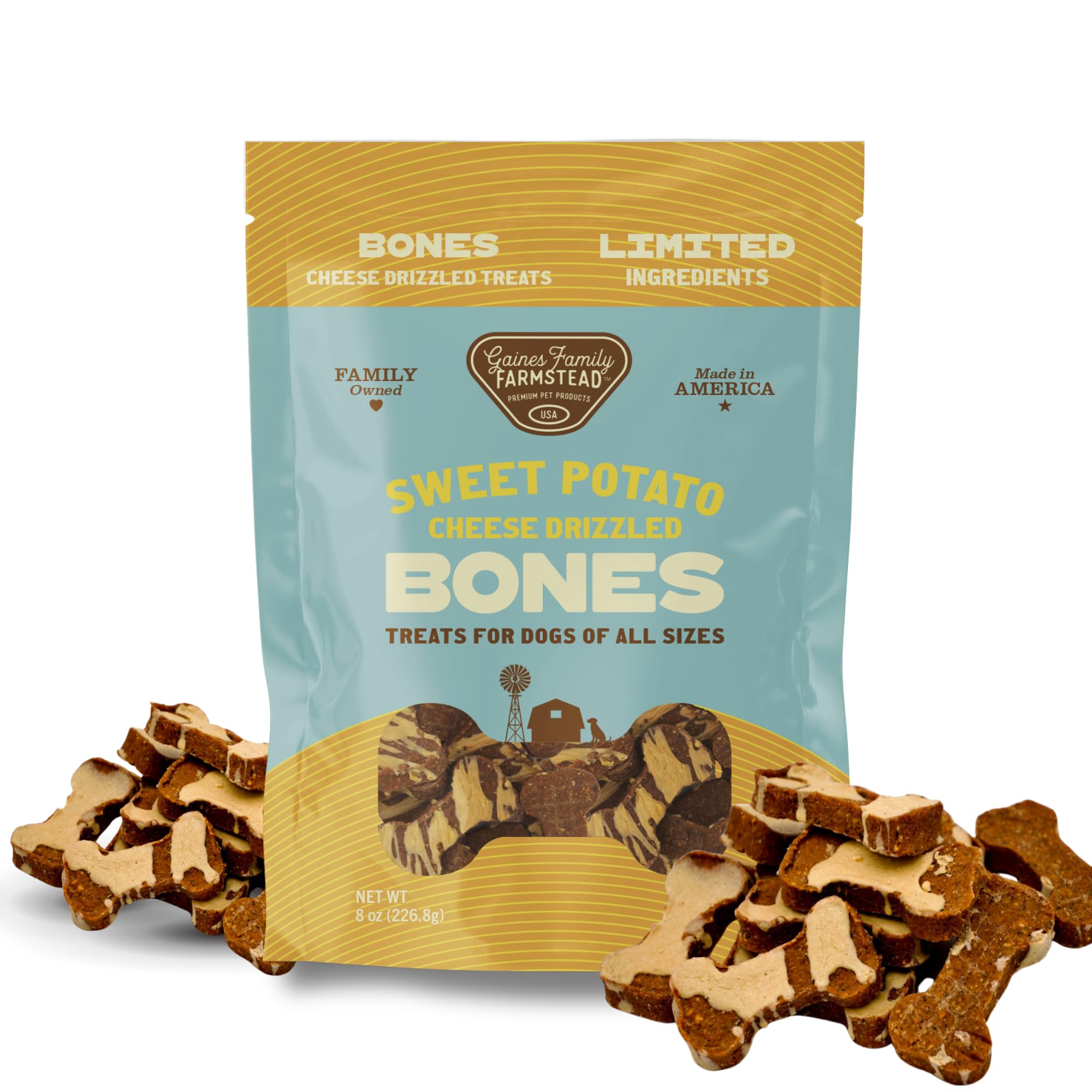 Gaines Family Farmstead Dog Treats - Grain-Free Sweet Potato Bones, 8 oz, All-Natural for Digestion, Skin & Energy, Made in USA