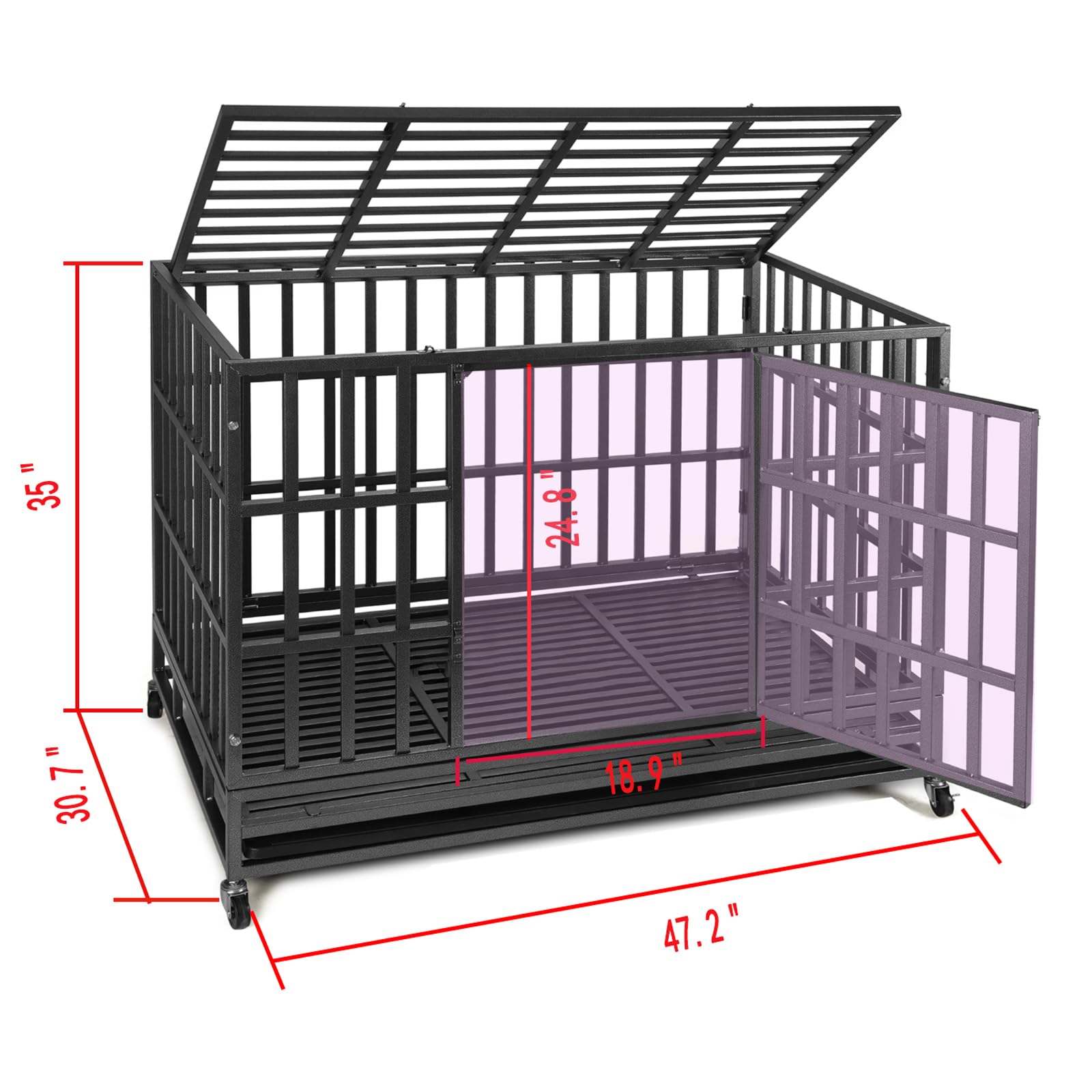 SHUSHIM Heavy Duty Dog Kennel Cage, 48" Alloy Steel, Double Doors, Lockable Wheels for Extra Large Breeds