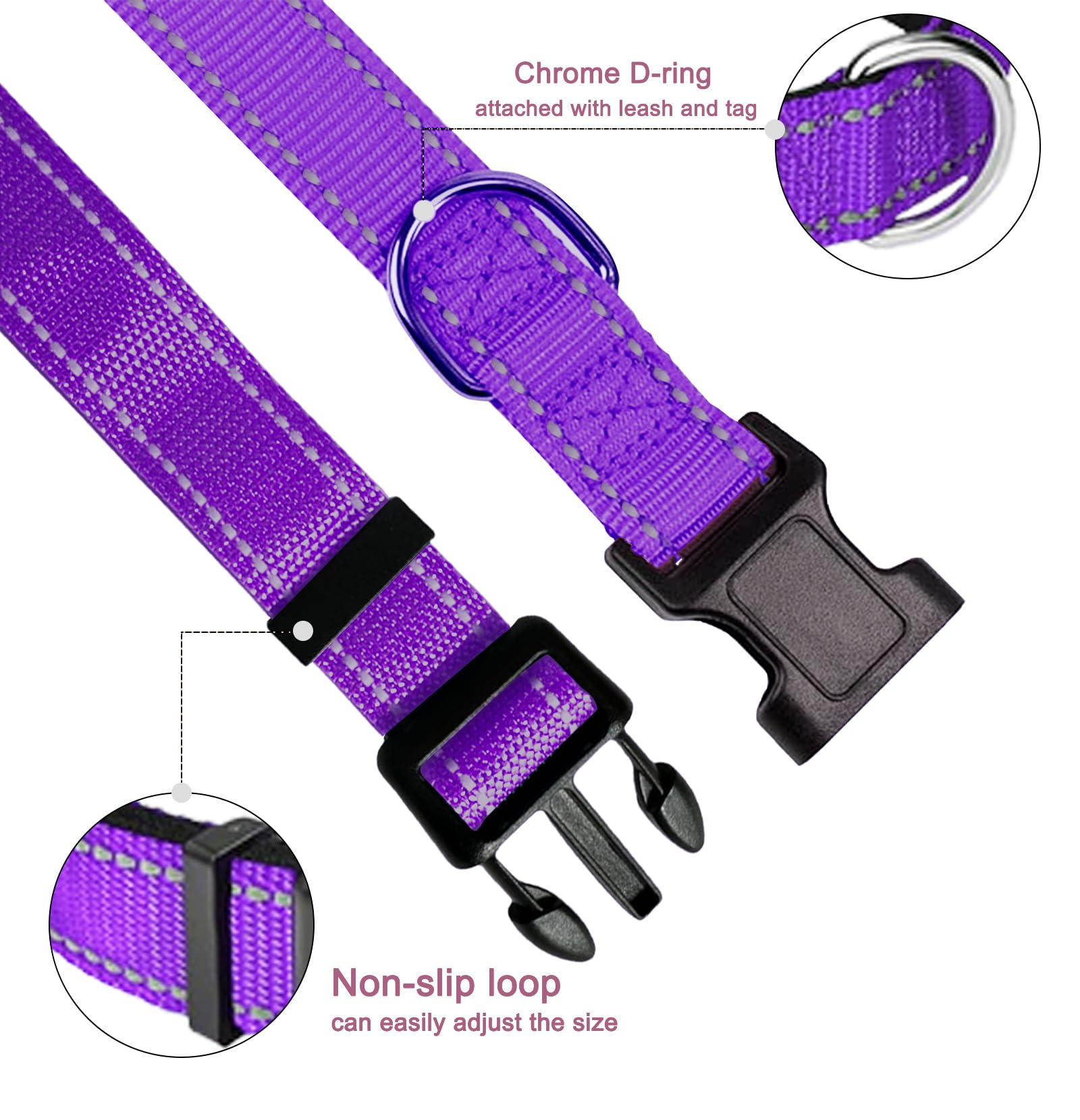 Purple Dog Collar, Reflective Pet Collar with Buckle Adjustable Safety Nylon Collars for Small Medium Large Dogs, XS