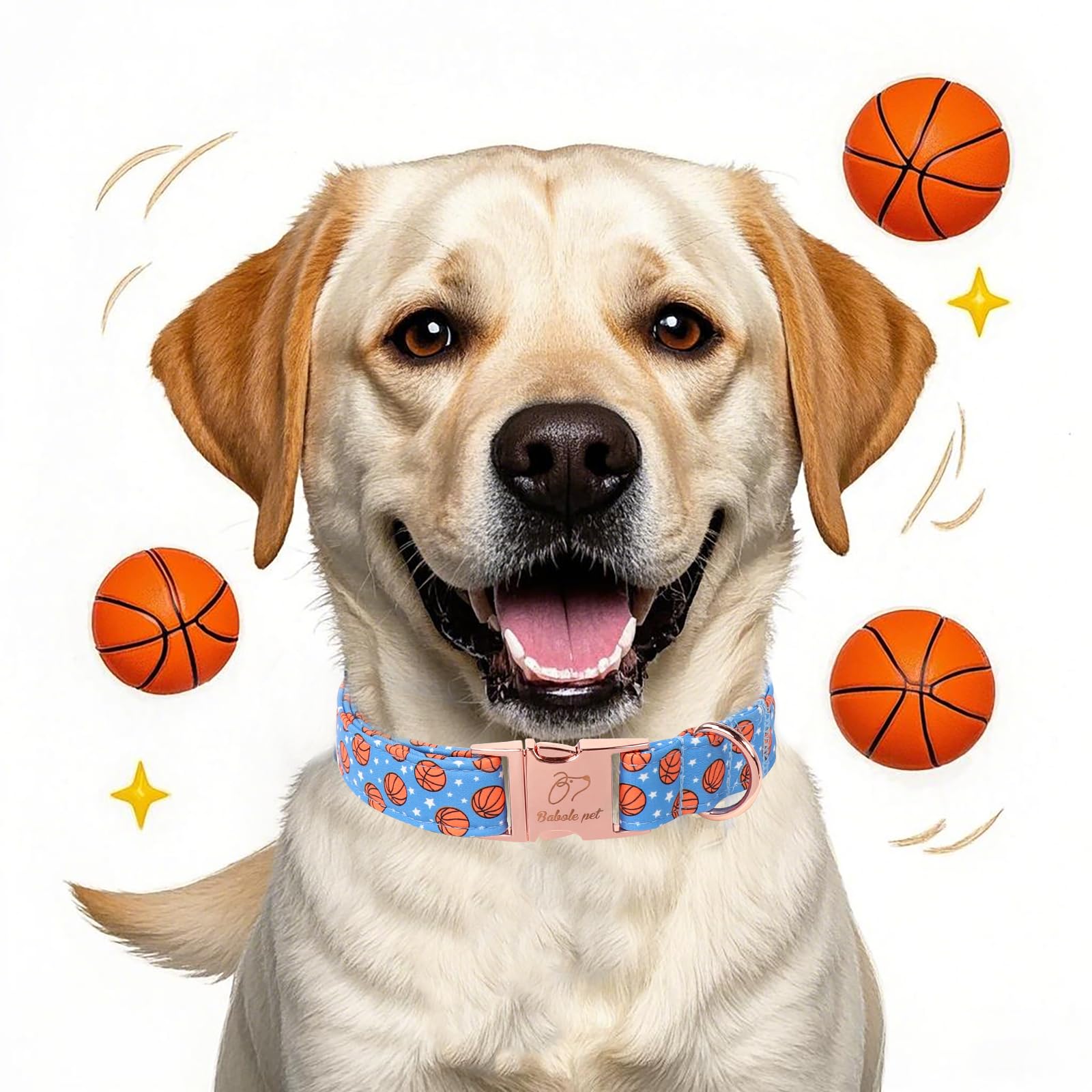 Babole Pet Adjustable Boy Dog Collar - Cute Blue Basketball Print Dog Collars For Medium Dogs, Durable Pet Heavy Duty Metal Buck