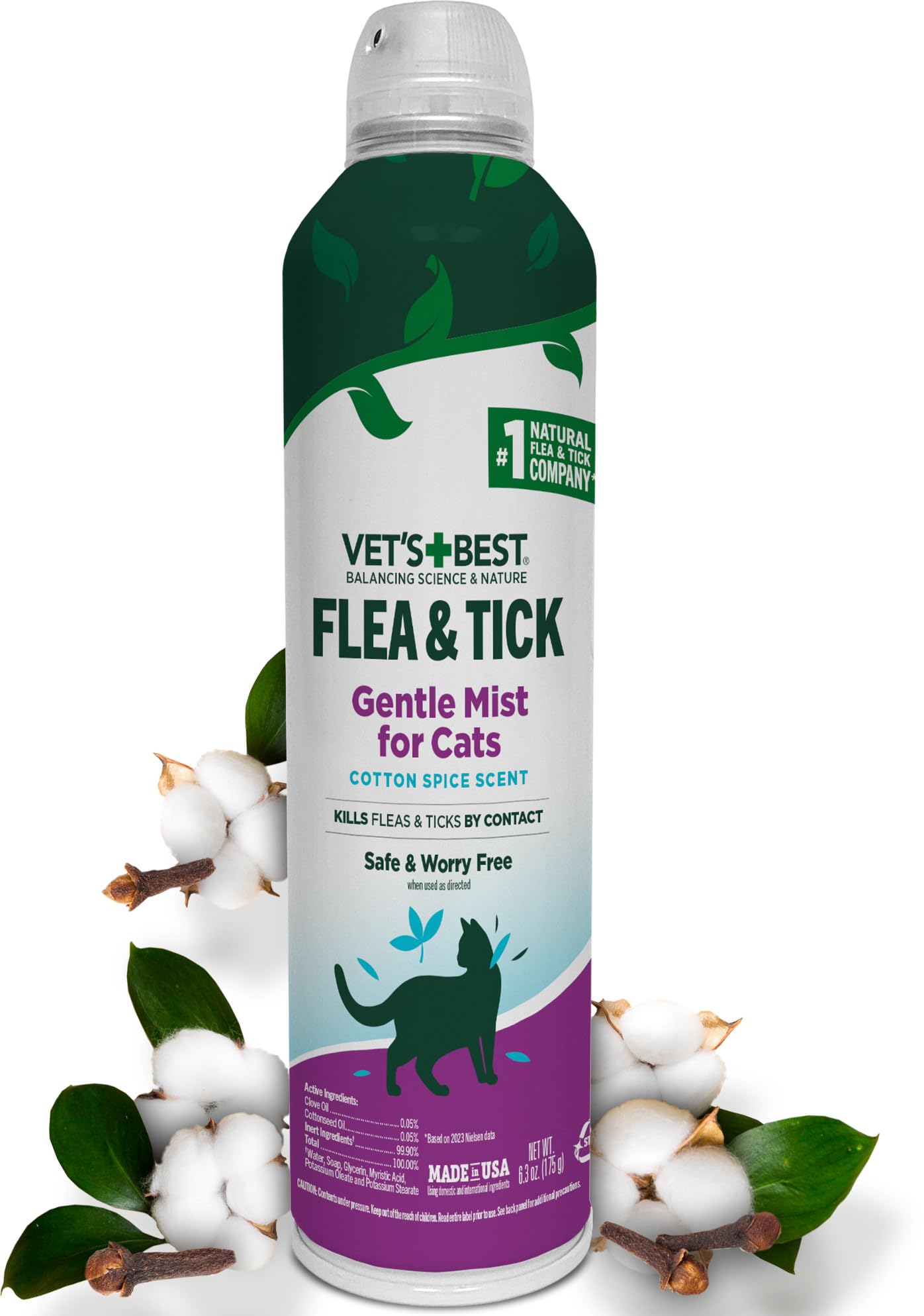 Vets Best Flea and Tick Gentle Mist for Cats - Cotton Spice Scent - Plant-Powered Flea and Tick Prevention - Pest Protection fo