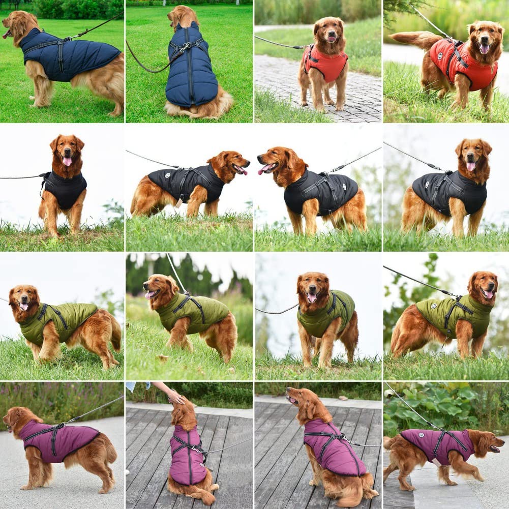 Gyuzh Winter Dog Coat with Harness, Fleece, Waterproof, XXX-Large, Red, Reflective for Small to Large Dogs