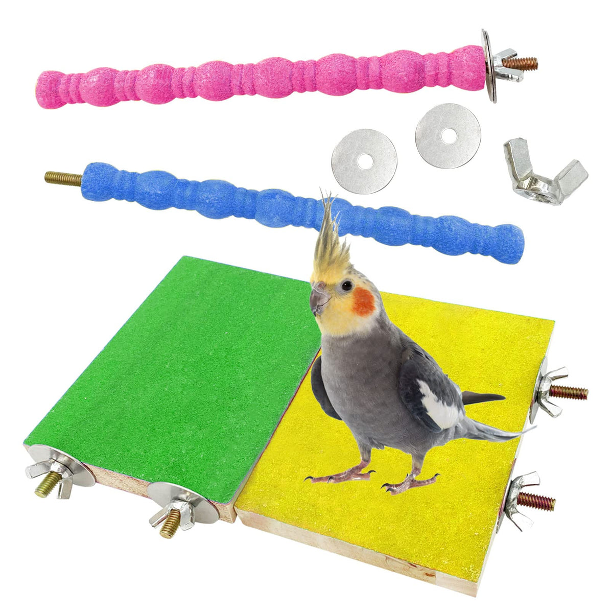 Kathson 4 Pcs Bird Perch Stand Toy Wood Parrot Perch Stand Platform Paw Grinding Rough-Surfaced Chew Toys Cage Accessories Exercise Toys For Budgies Parakeet Cockatiel Conure Hamster