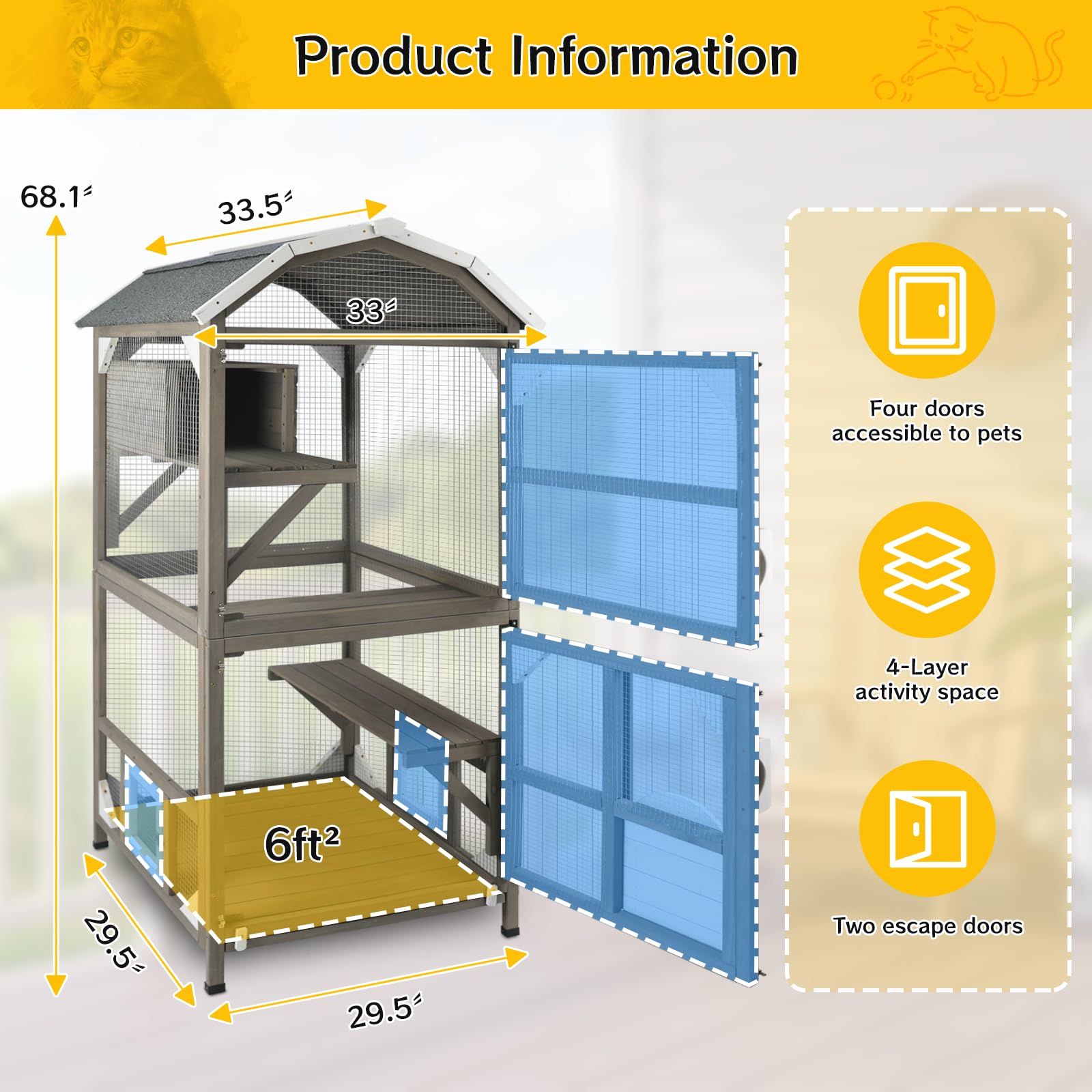 Catio Cat House Outdoor Cat Enclosure Window Large Cat Cage Indoor Outdoor with Multiple Platforms Waterproof Roof and Resting B
