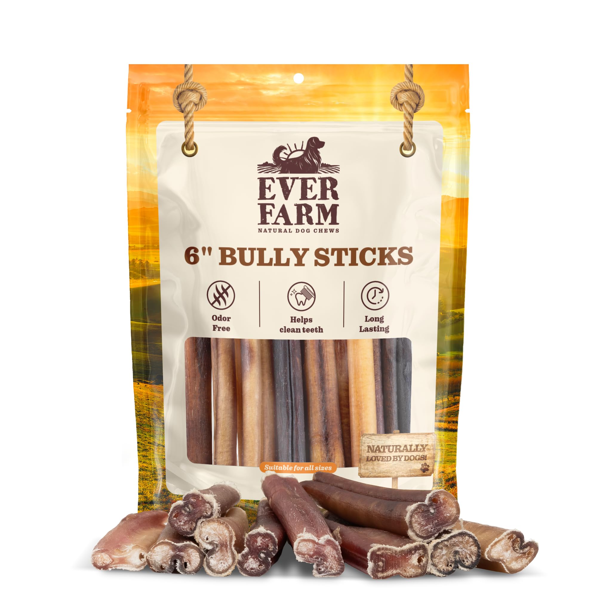 EVER FARM Odor-Free Standard Bully Sticks (6, 25 Pack) - 100% Grass-Fed Beef Pizzle Dog Chews, Fully Digestible & Long-Lasting D