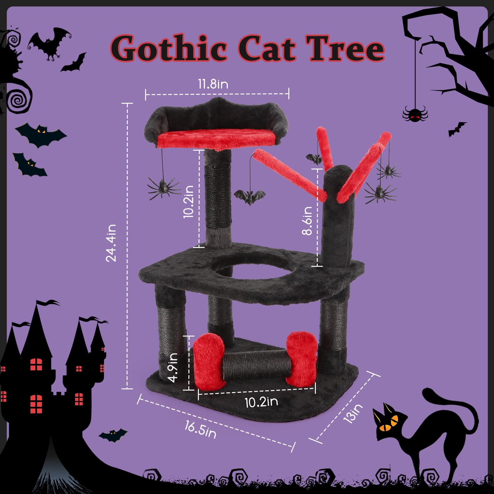 Nobleza Gothic Cat Tree, Halloween Black Goth Cat Tree Tower With Crown Perch & Playful Hole, Indoor Spooky Cat Tree Stand Climb