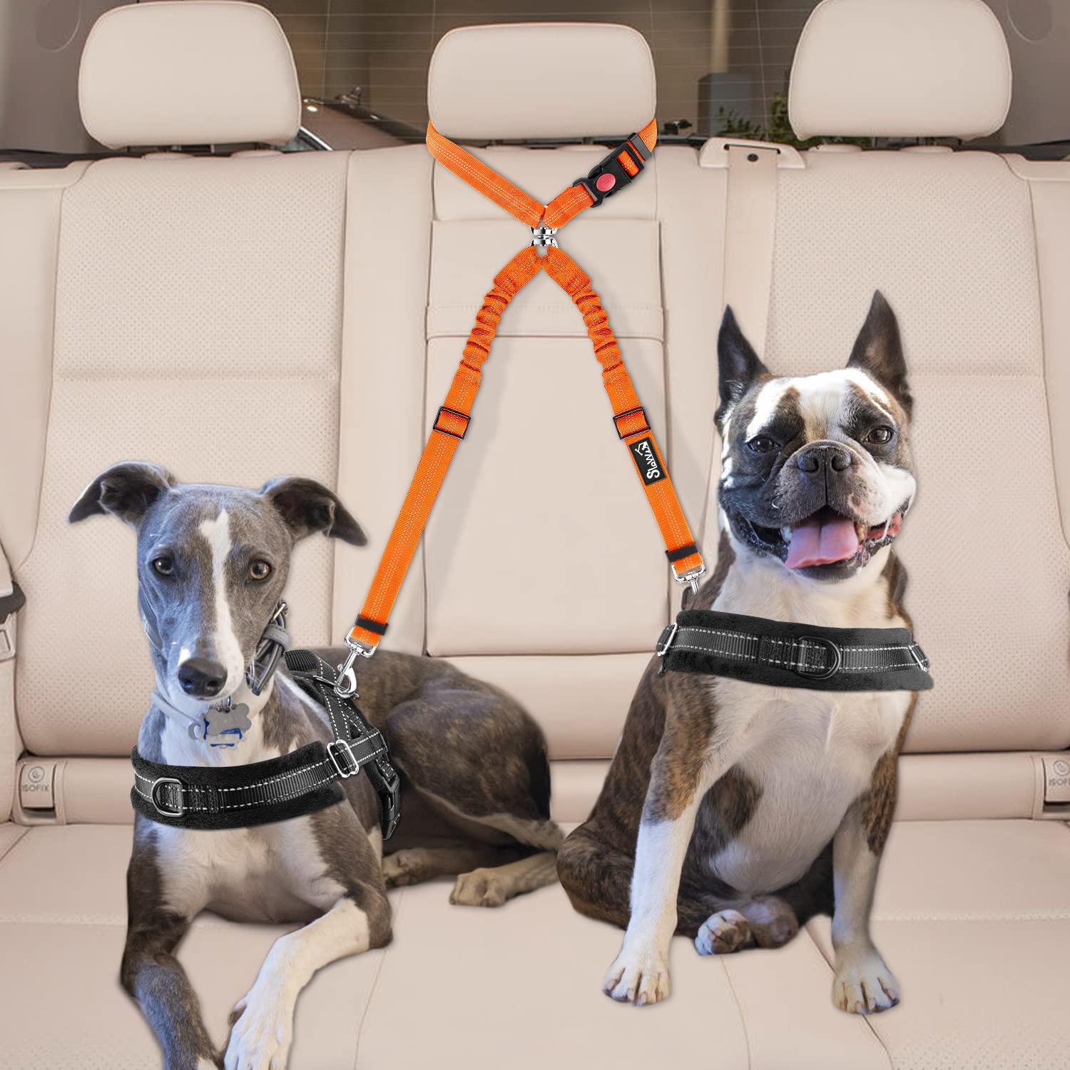 Lukovee Double Dog Seat Belt, New Dual Pet Car Headrest Restraint Safety Seatbelt No Tangle Dog Leash Duty Adjust Elastic Bungee Puppy Lead Splitter Connect Harness In Vehicle Travel For 2 Dogs (Or)