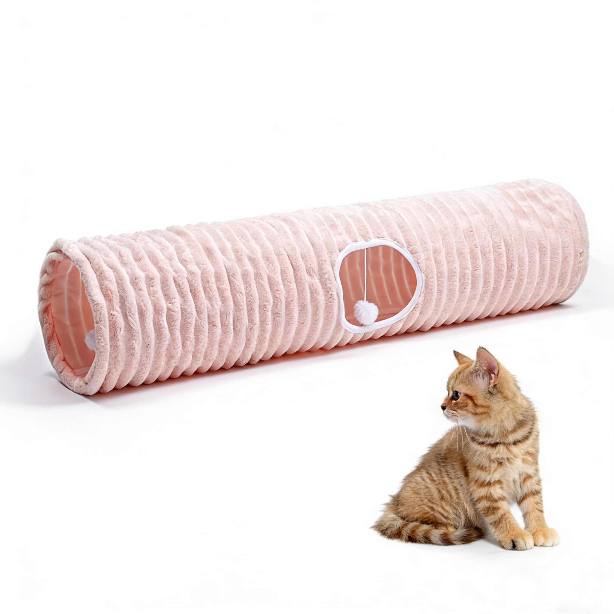 FORMYCATIE Luxurious Cat Tunnel,43 Straight Cat Tunnel Toys with Balls for Indoor,Collapsible Peekaboo Cave for Kitten(Pink Stri