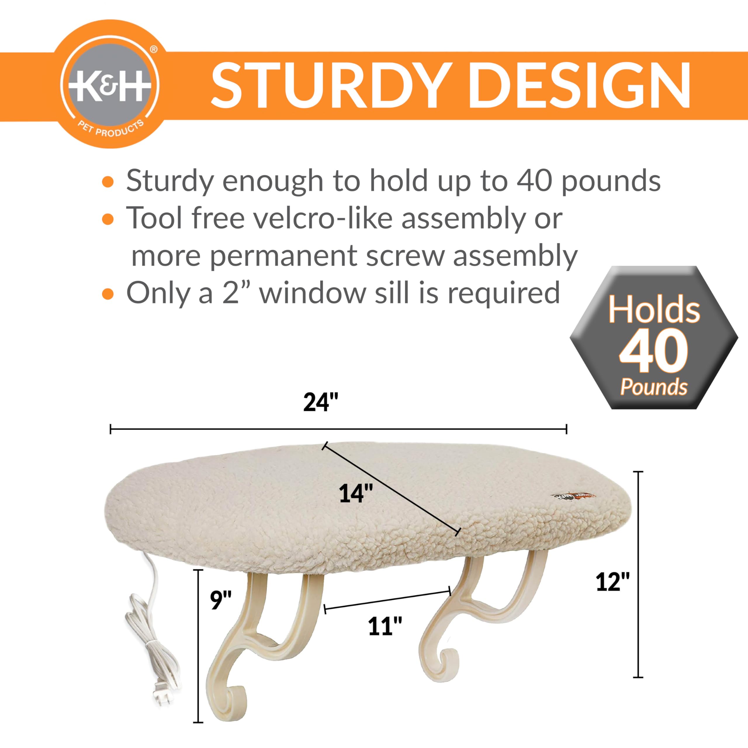 K&H Pet Products Kitty Sill Heated Cat Window Perch for Large Cats, Orthopedic Window Hammock Bed Holds 40LBS, Washable Cover, K