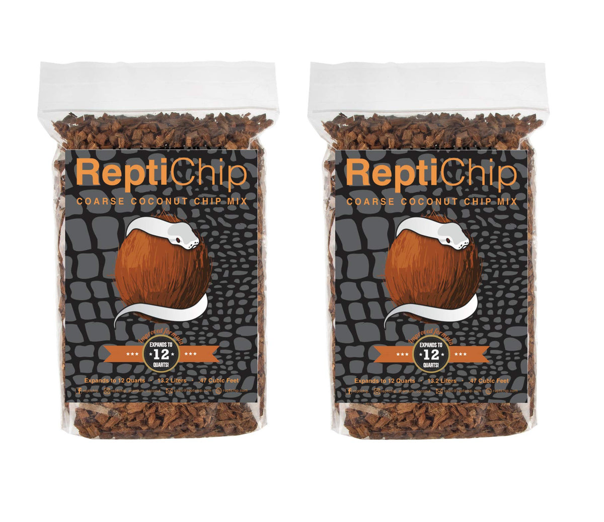 Reptichip Coconut Substrate For Reptiles 2 Pack Of 12 Quart Loose Coarse Coconut Husk Chip Reptile Bedding For Ball Pythons, Tortoises, Geckos, Frogs, Snakes Or Lizard Terrarium Tanks