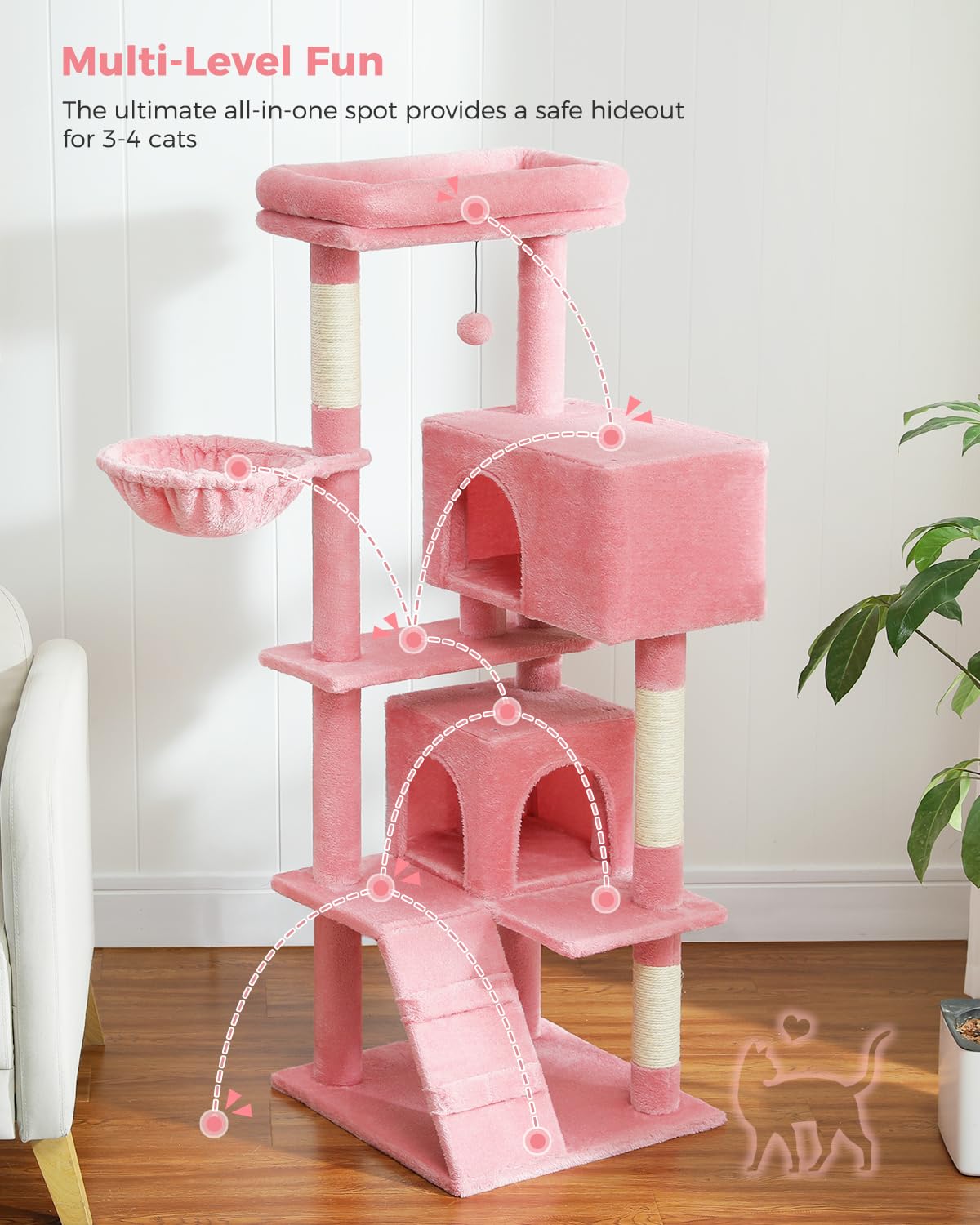 Muttros Pink Cat Tree For Large Cats With Super Large Top Perch,56.2'' Multi-Level Tower For Indoor Cats With Hammock, Cat Shelv
