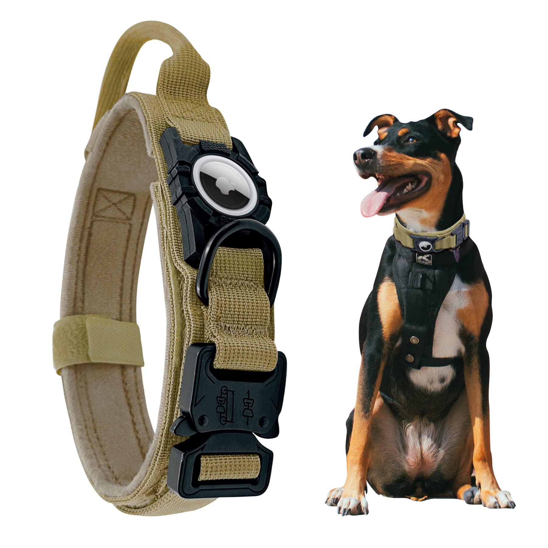 Tactical Airtag Dog Collar - Heavy Duty, Adjustable Gps Collar Compatible With Apple Airtag, With Holder & Control Handle For Me