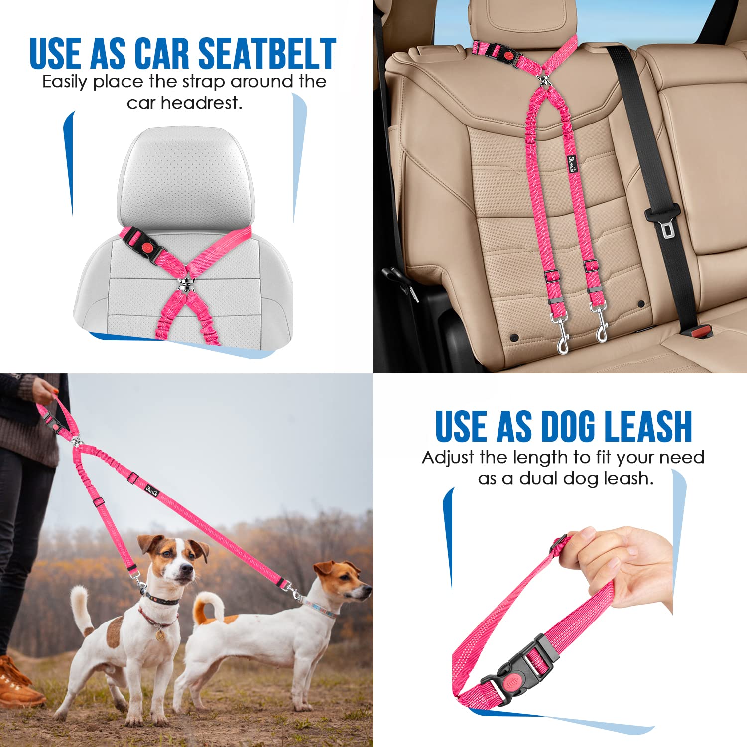 Lukovee Double Dog Seat Belt, New Dual Pet Car Headrest Restraint Safety Seatbelt No Tangle Dog Leash Duty Adjust Elastic Bungee Puppy Lead Splitter Connect Harness In Vehicle Travel For 2 Dogs (Fl)