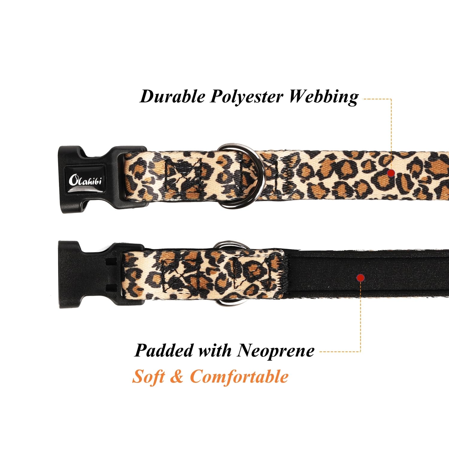 Olahibi Neoprene Padded Dog Collar, Soft And Comfortable, Leopard Pattern, For Large Dogs.(Large, Brown Leopard)