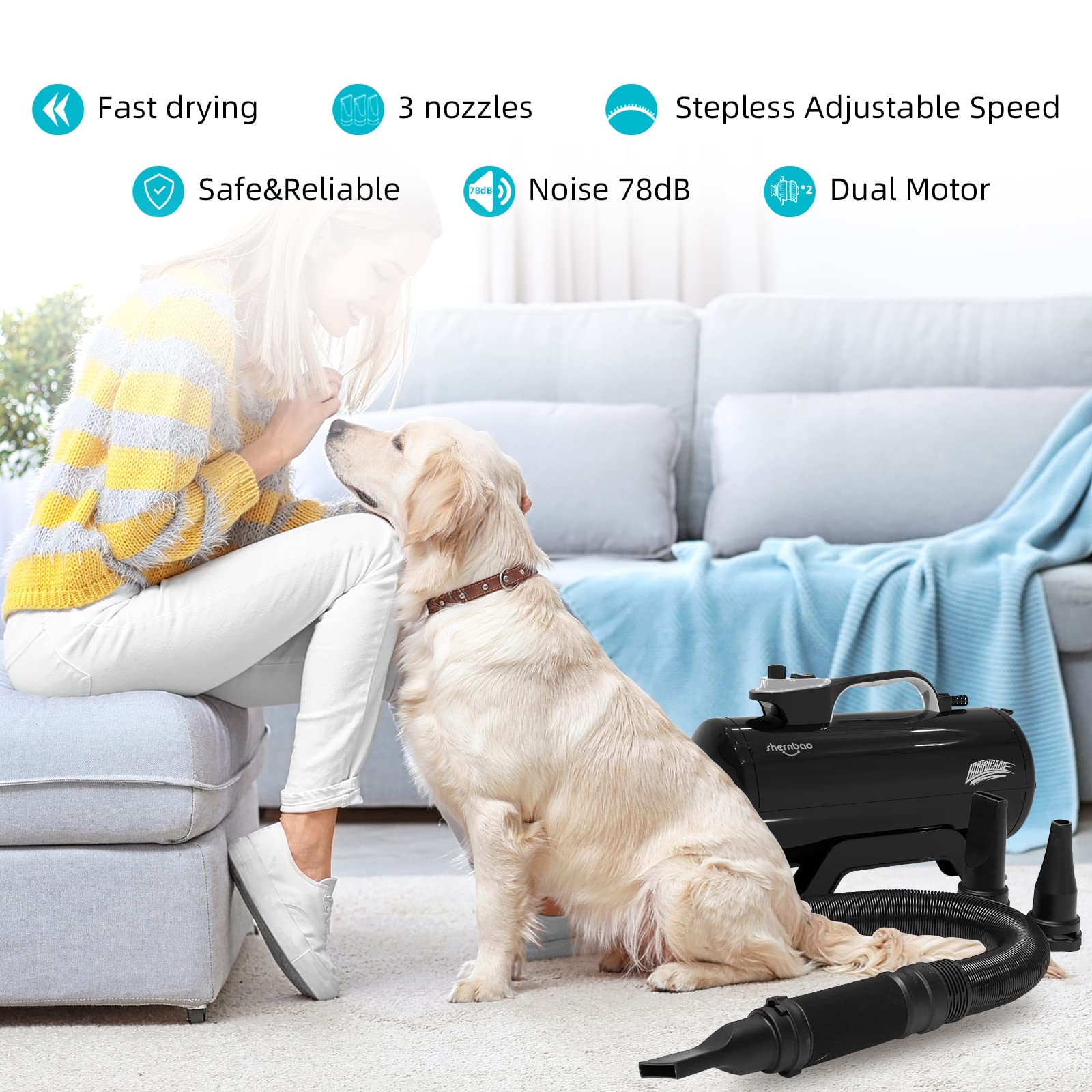 shernbao 6.0HP High Velocity Dog Dryer Blower - Professional Pet Grooming Hair Drying, Jet Black (Model DHD-2400T)