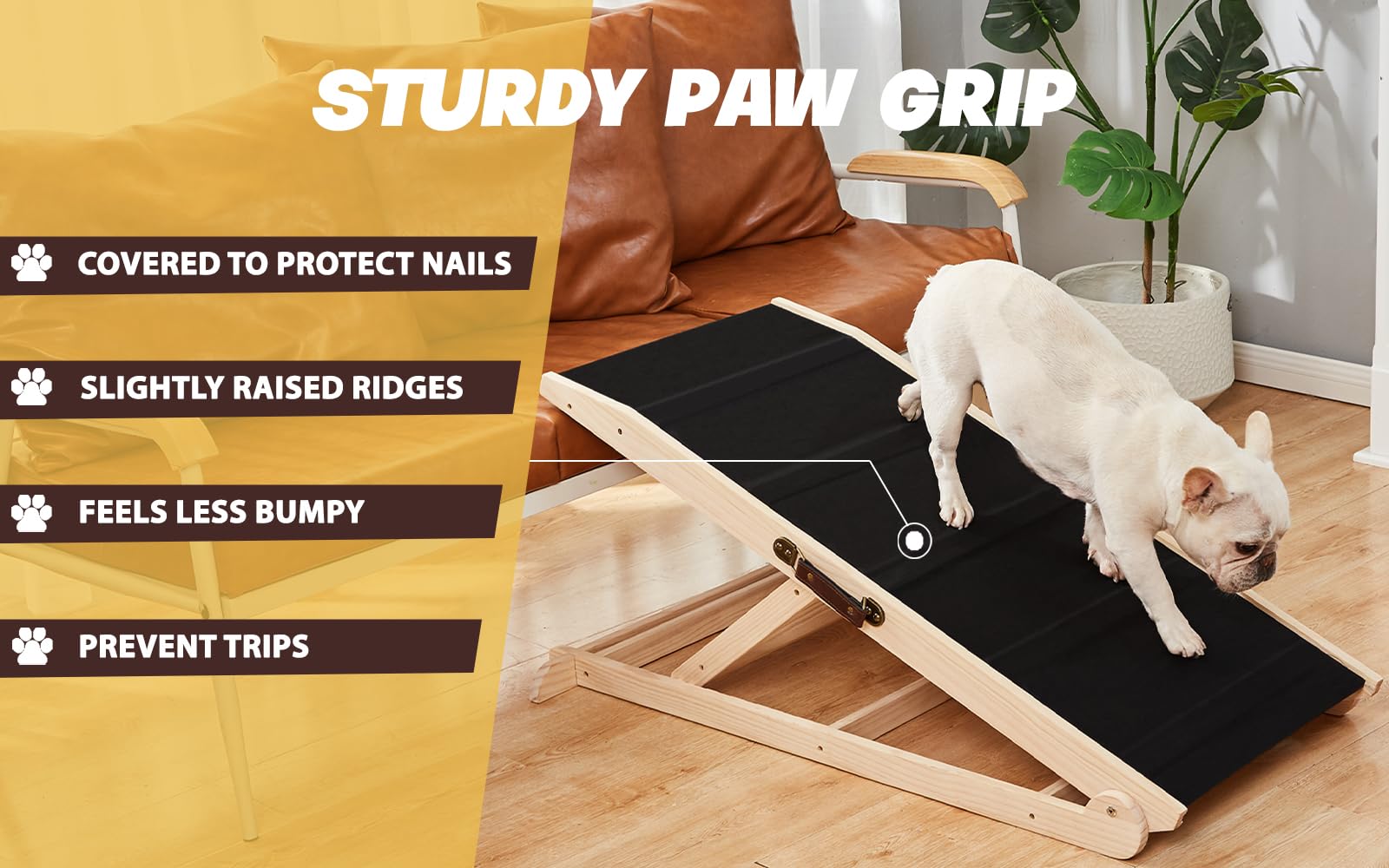 Woohoo Dog Ramp For Bed- 18'' Extra Wide - Non-Slip Rubber Surface - Folding Wooden Pet Ramp For Bed And Couch - Dog Ramp For La