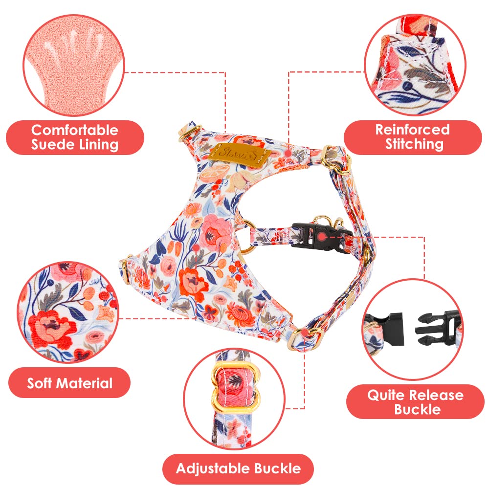 Slowton No Pull Dog Harness With Leash - Soft Lightweight Floral Pattern Puppy Harness, Adjustable Pet Harness For Small Medium
