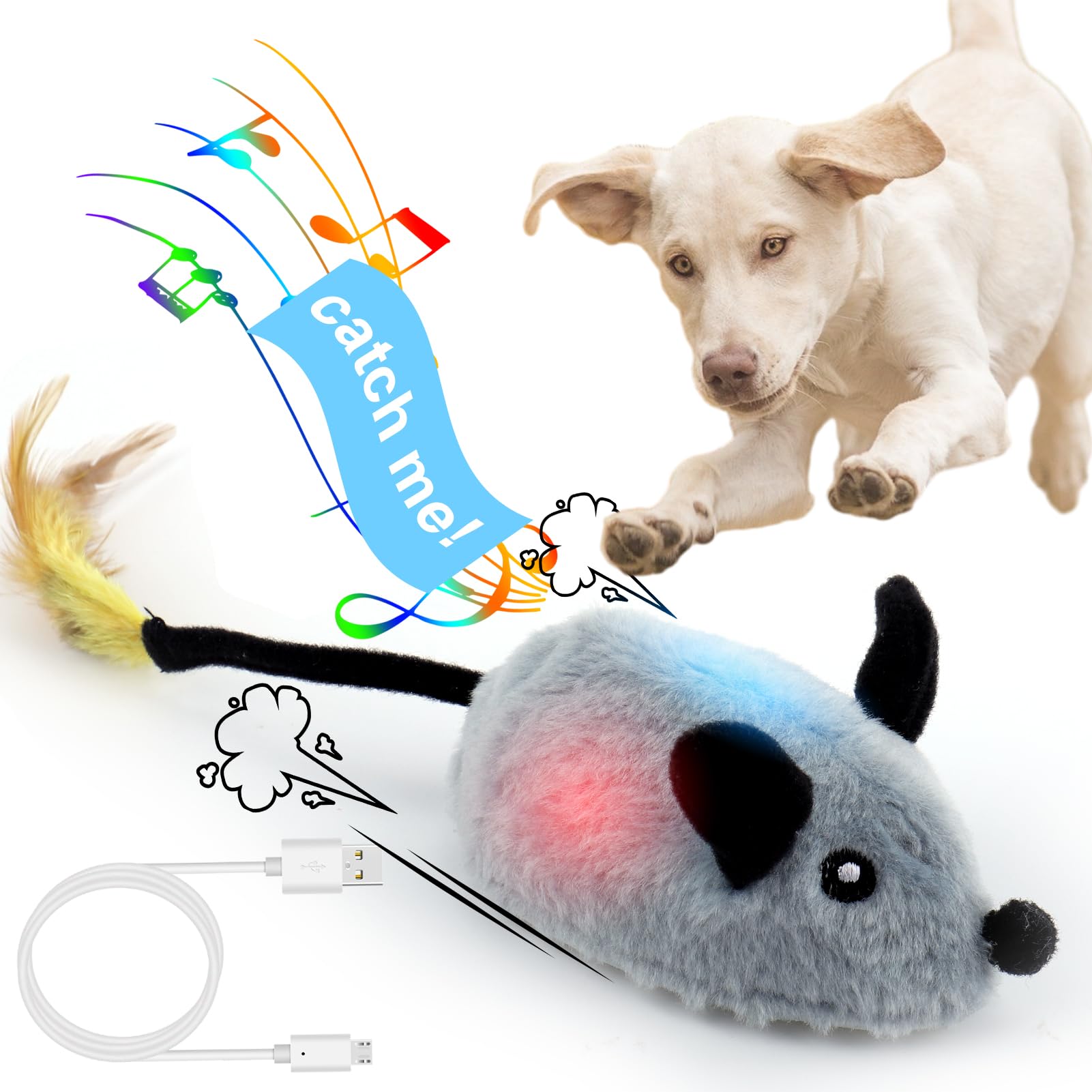 Baborui Interactive Escaping Mice Squeaky Toys With Lights & Auto-Turn, Rechargeable Moving Toys For Small/Medium/Large Dogs & C