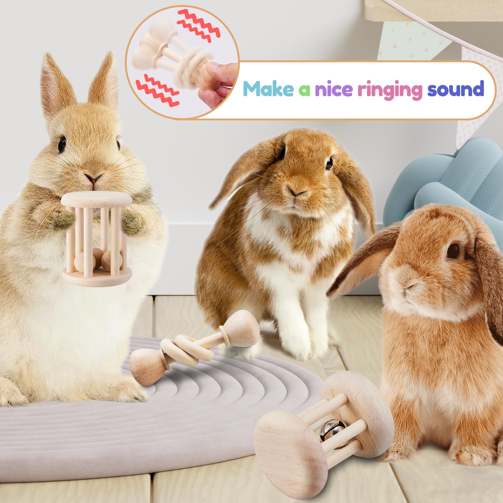 Aowpfvv 3 Pcs Wooden Bunny Toys - Safe Rabbit Toys, Bite-Resistant Guinea Pigs Toys For Chinchillas Hamsters Small Animals Playi