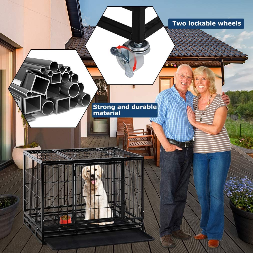 Dog Crate Cage For Large Dogs Heavy Duty 48 Inches Dog Kennel Pet Playpen For Training Indoor Outdoor With Plastic Tray Double Doors & Locks Design
