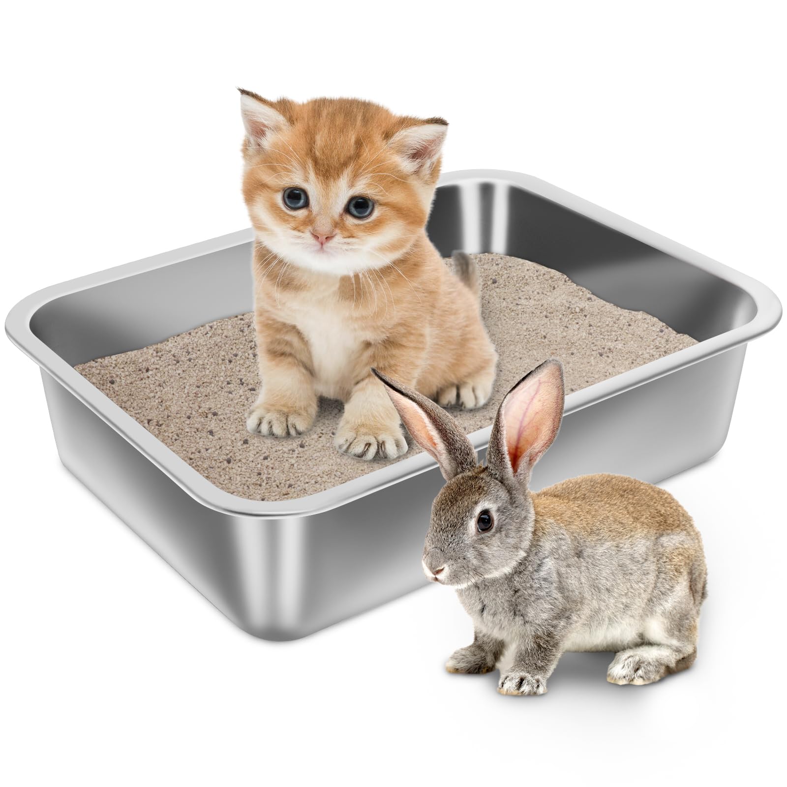 Holintan Stainless Steel Litter Box For Kitten, 15.7''  11.8''  4'' Small Litter Box For Kittens Easy Entry, Non Odor, Easy To C