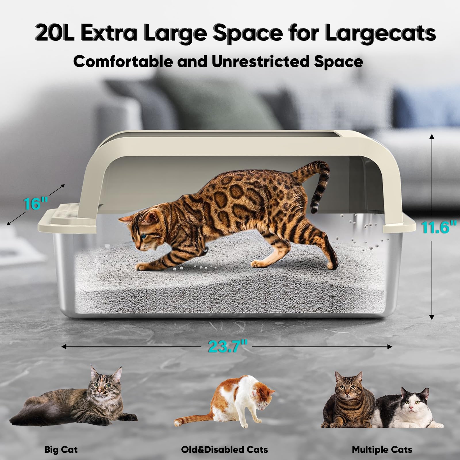 Furkid Stainless Steel Cat Litter Box With Lid, Xl Large Litter Box For Big Cats, Enclosed Kitty Litter Pan With High Sides, Ant