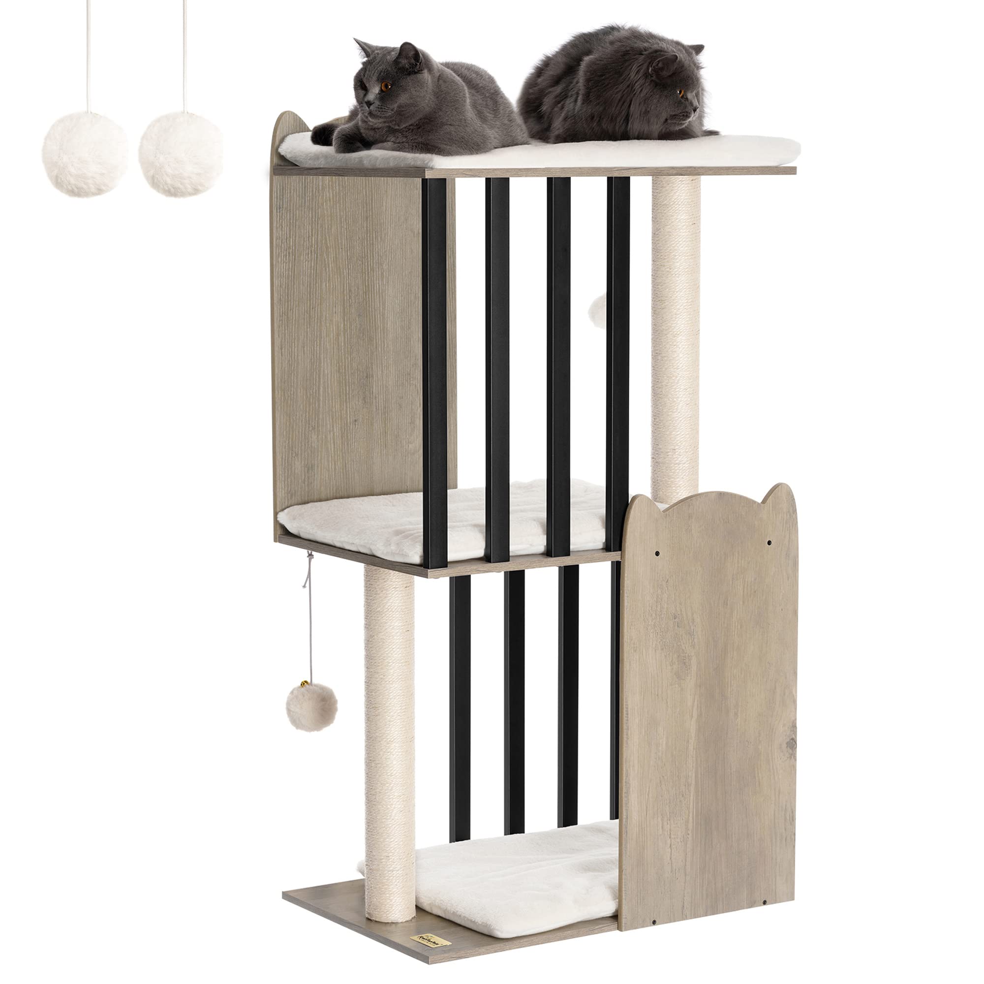 FourFurPets 43.8in 3-Tier Modern Cat Tree Tower Condo, Cat Scratch Posts for Indoor Cats, Big Plate, Two 19.7in Full Sisal Scrat