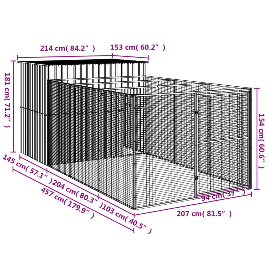 vidaXL Dog House with Run Light Gray 84.3x179.9x71.3 Galvanized Steel