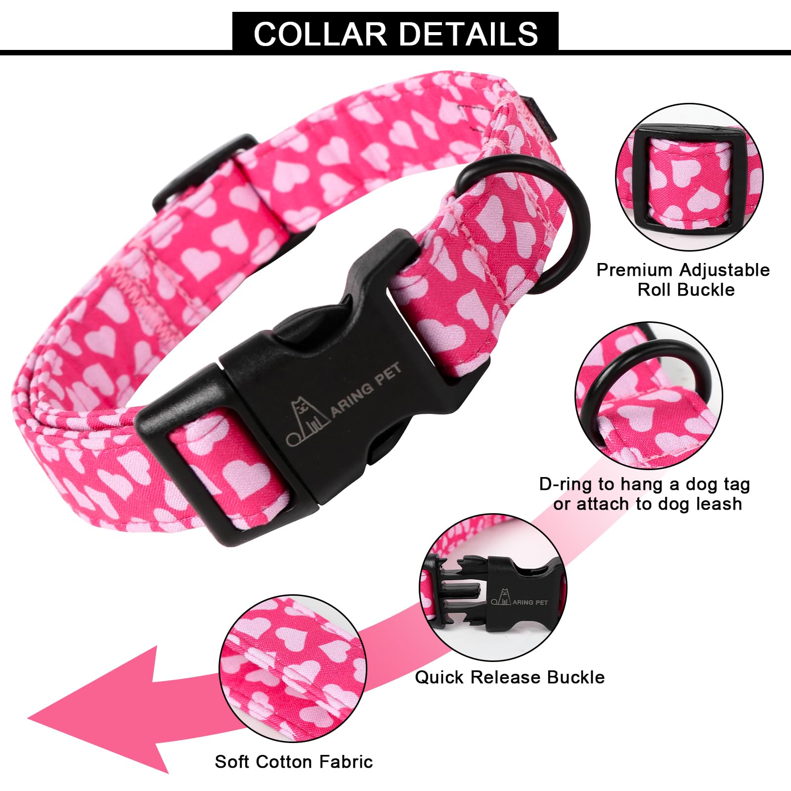 Aring Pet Valentine'S Day Dog Collar-Cotton Pink Heart Dog Collars, Adjustable Valentine Heart Pet Collars Puppy Collar With Qui